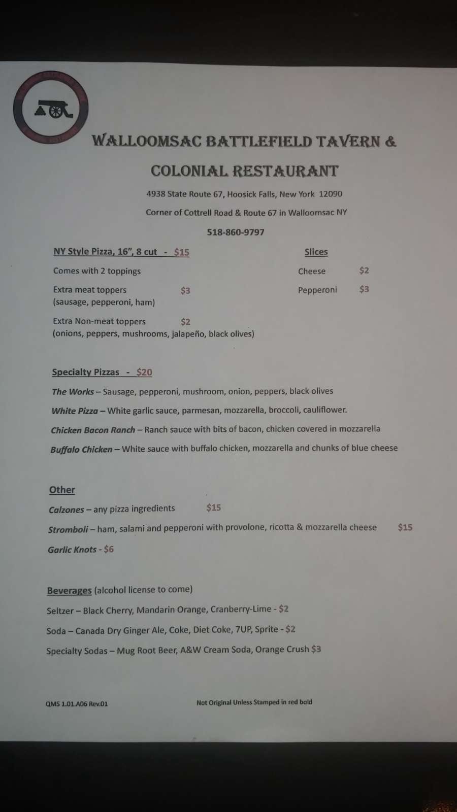Walloomsac Battlefield Tavern Menu