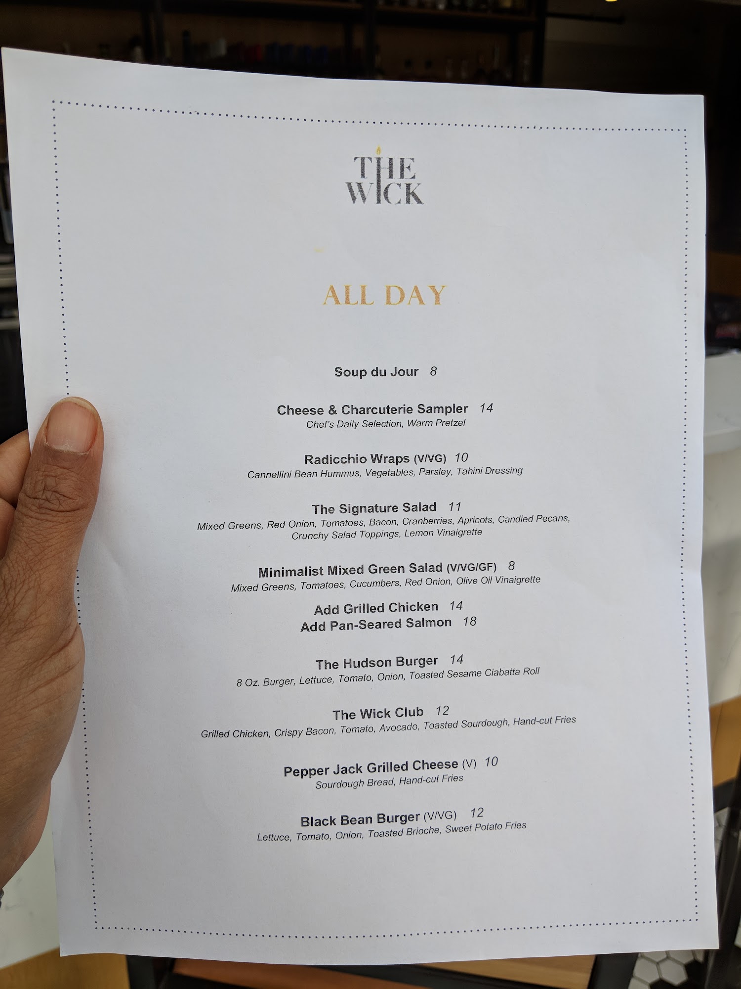 The Wick Restaurant and Lobby bar Menu