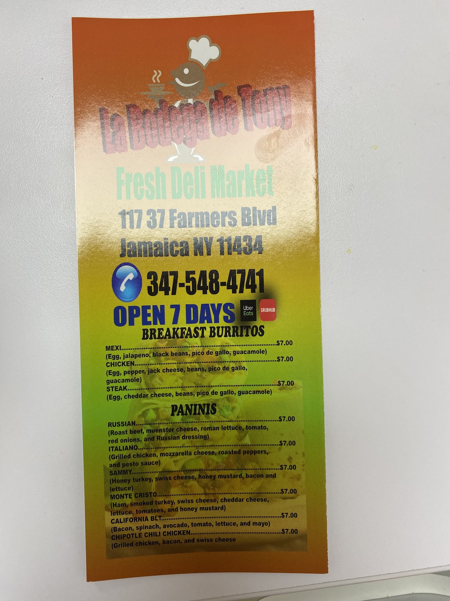 Tony’s Food Deli Grocery Corp. Menu