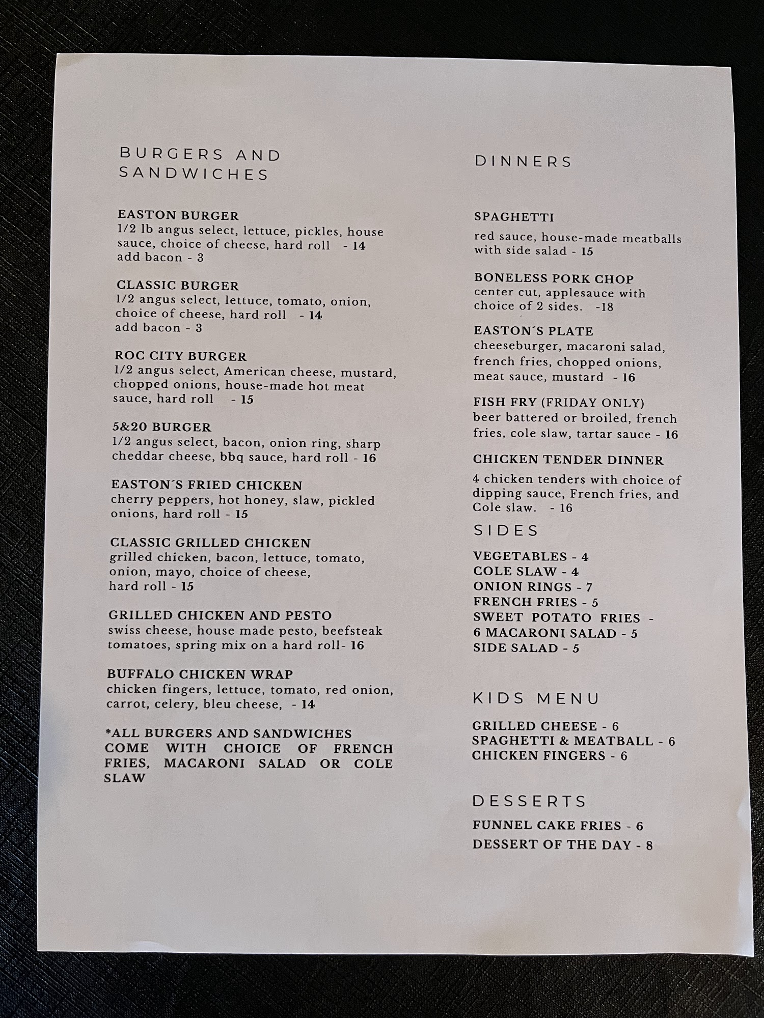 Easton's Food & Drink Menu