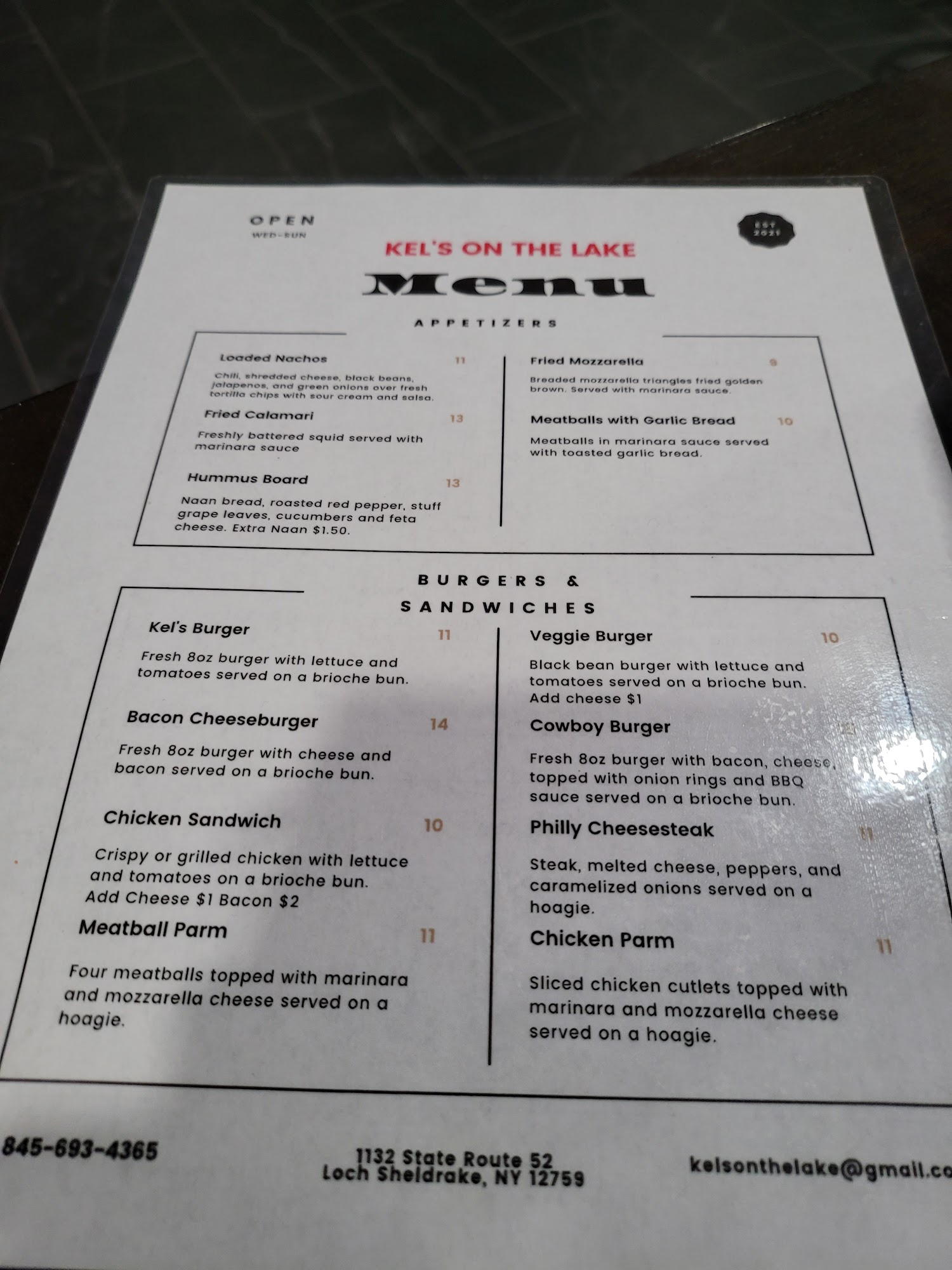 Kels on the Lake Menu