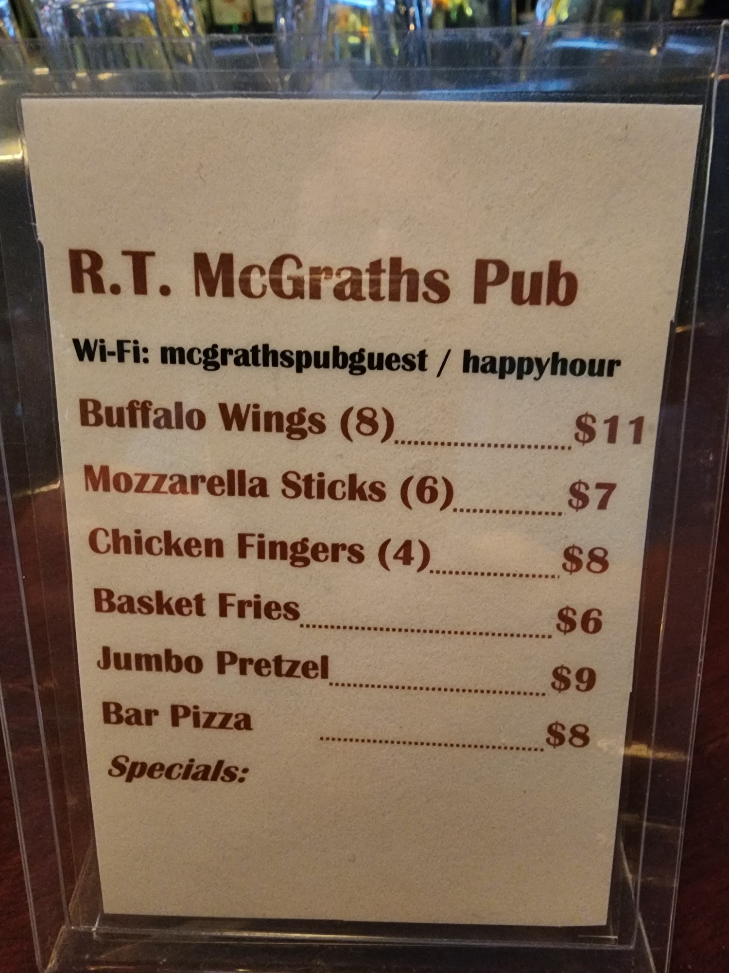 McGraths Pub Menu