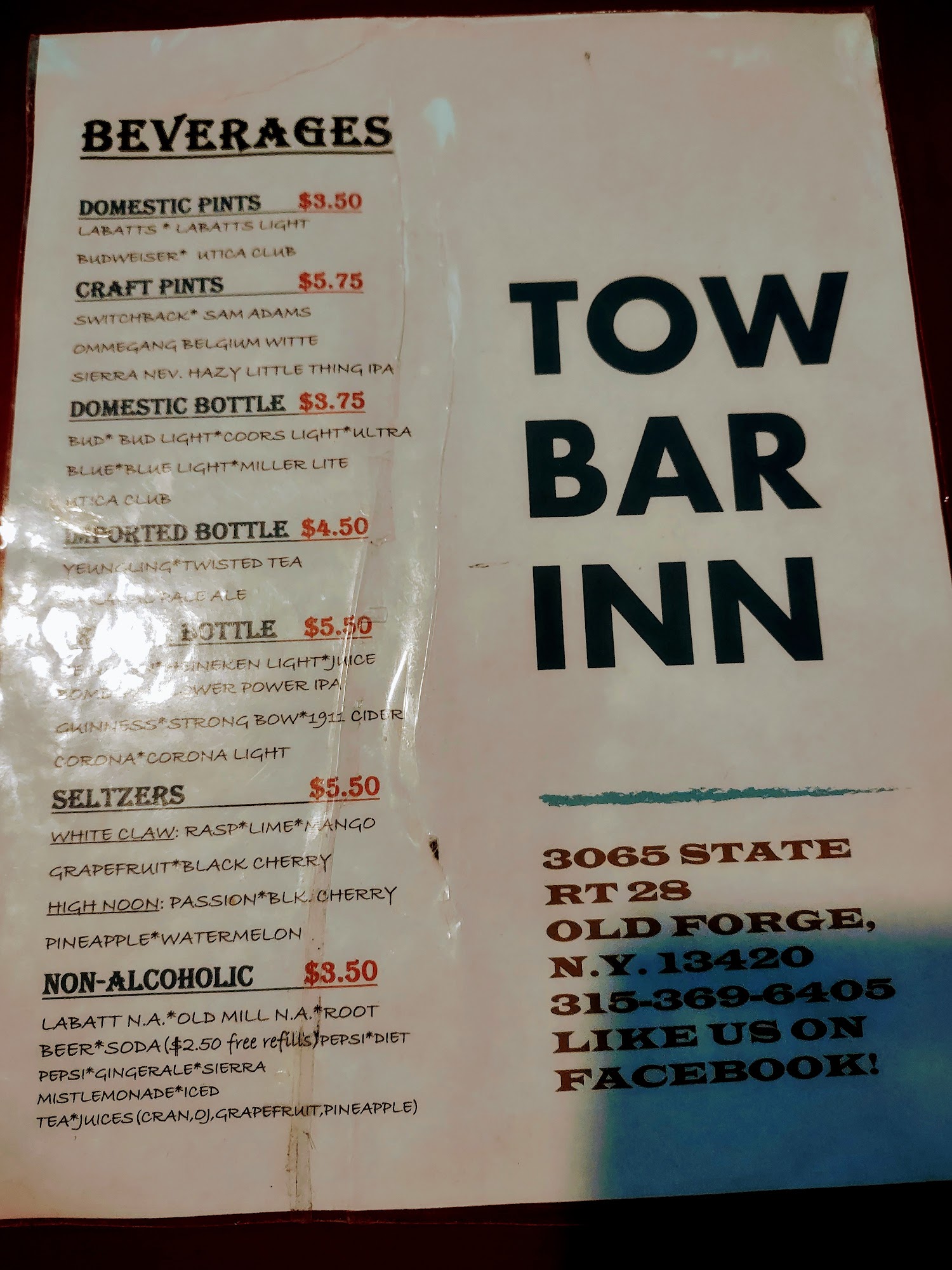 The Tow Bar Inn Menu