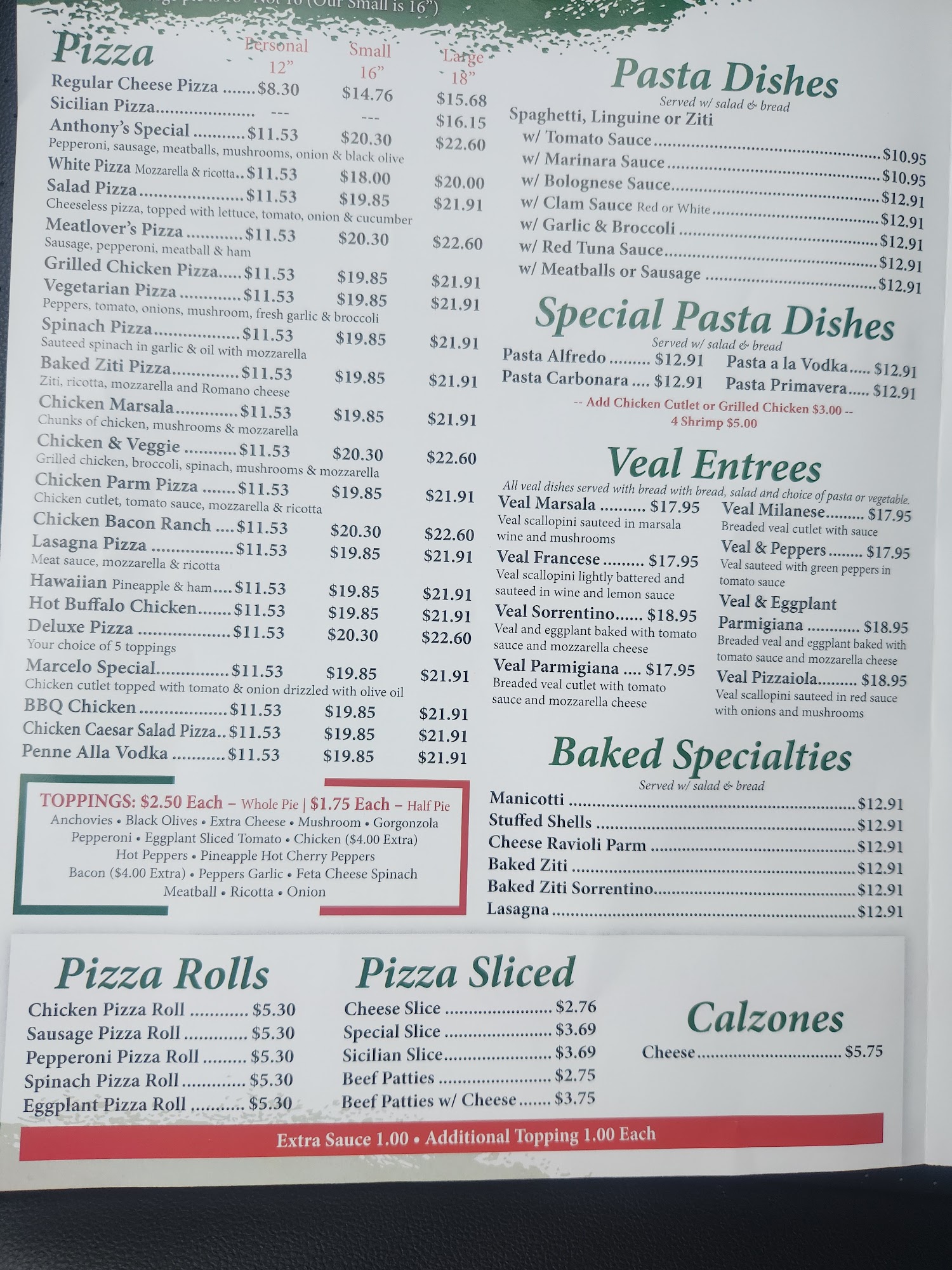 Anthony's Pizza Menu