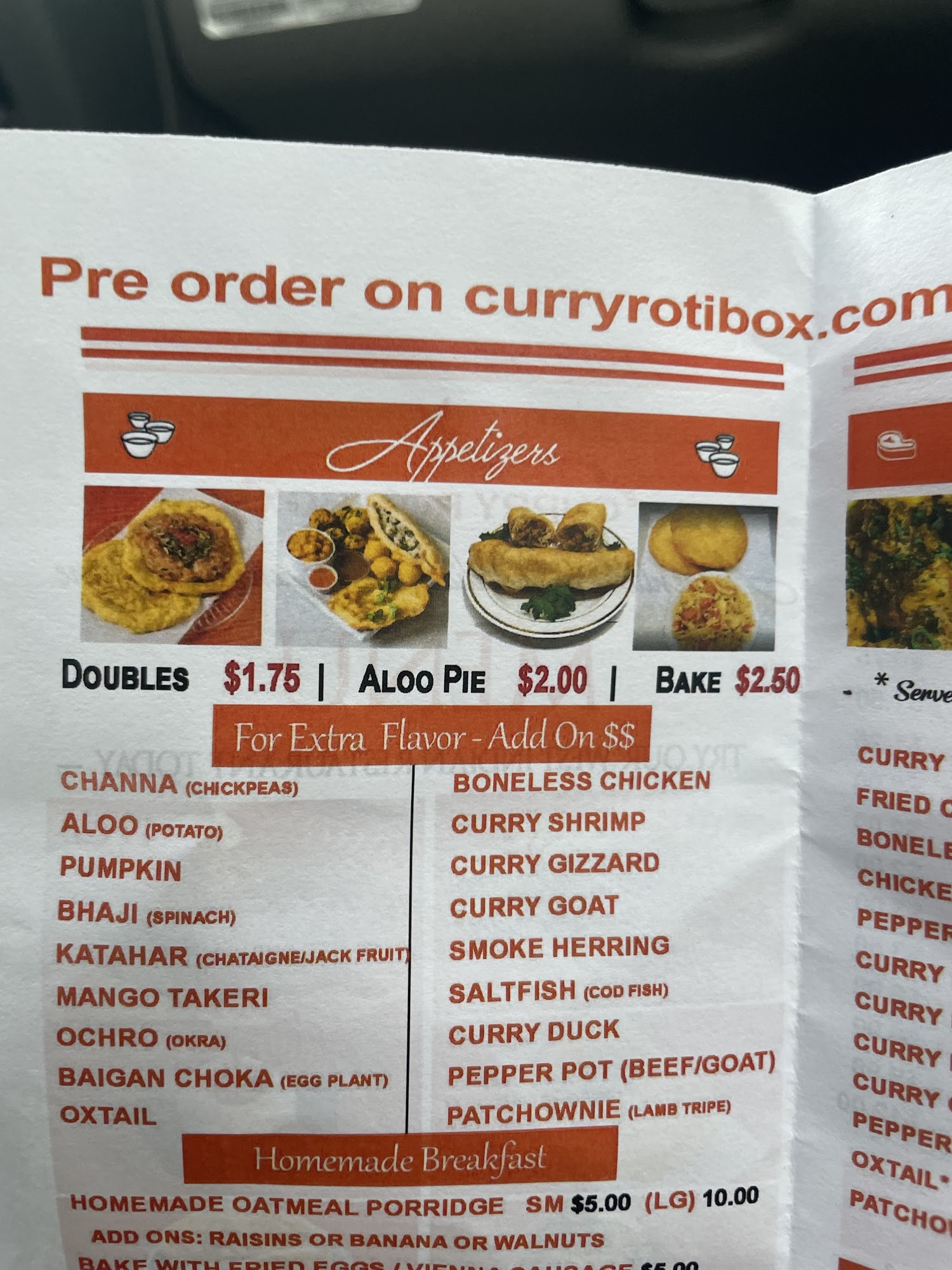 Curry Roti Box Menu