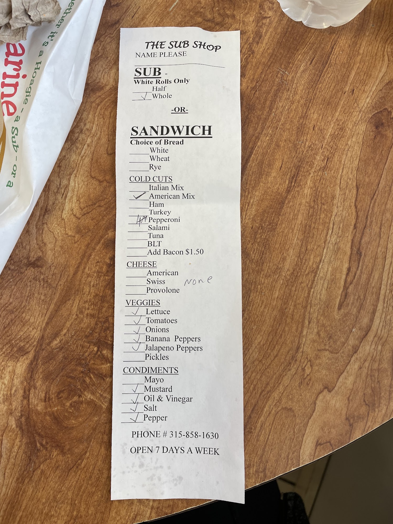 The Sub Shop Menu
