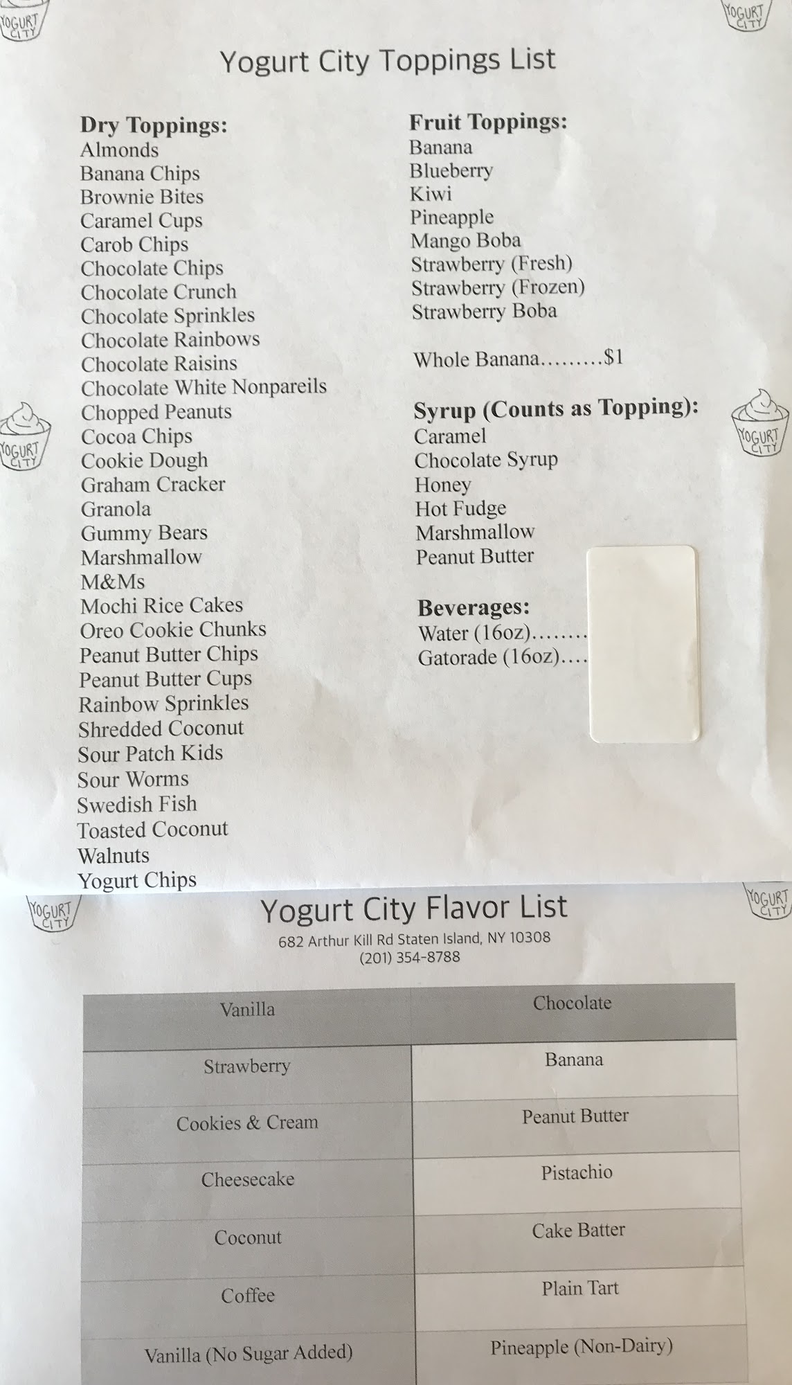 Yogurt City Menu
