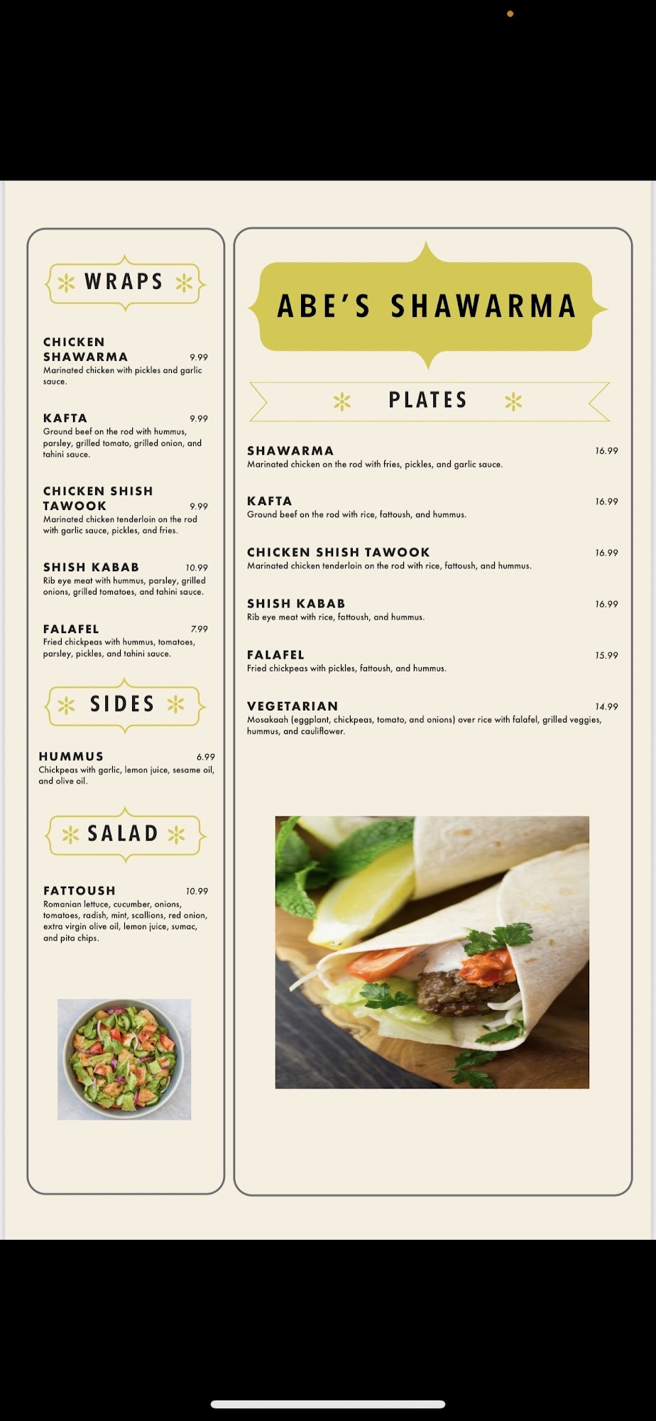 Abe's shawarma Menu