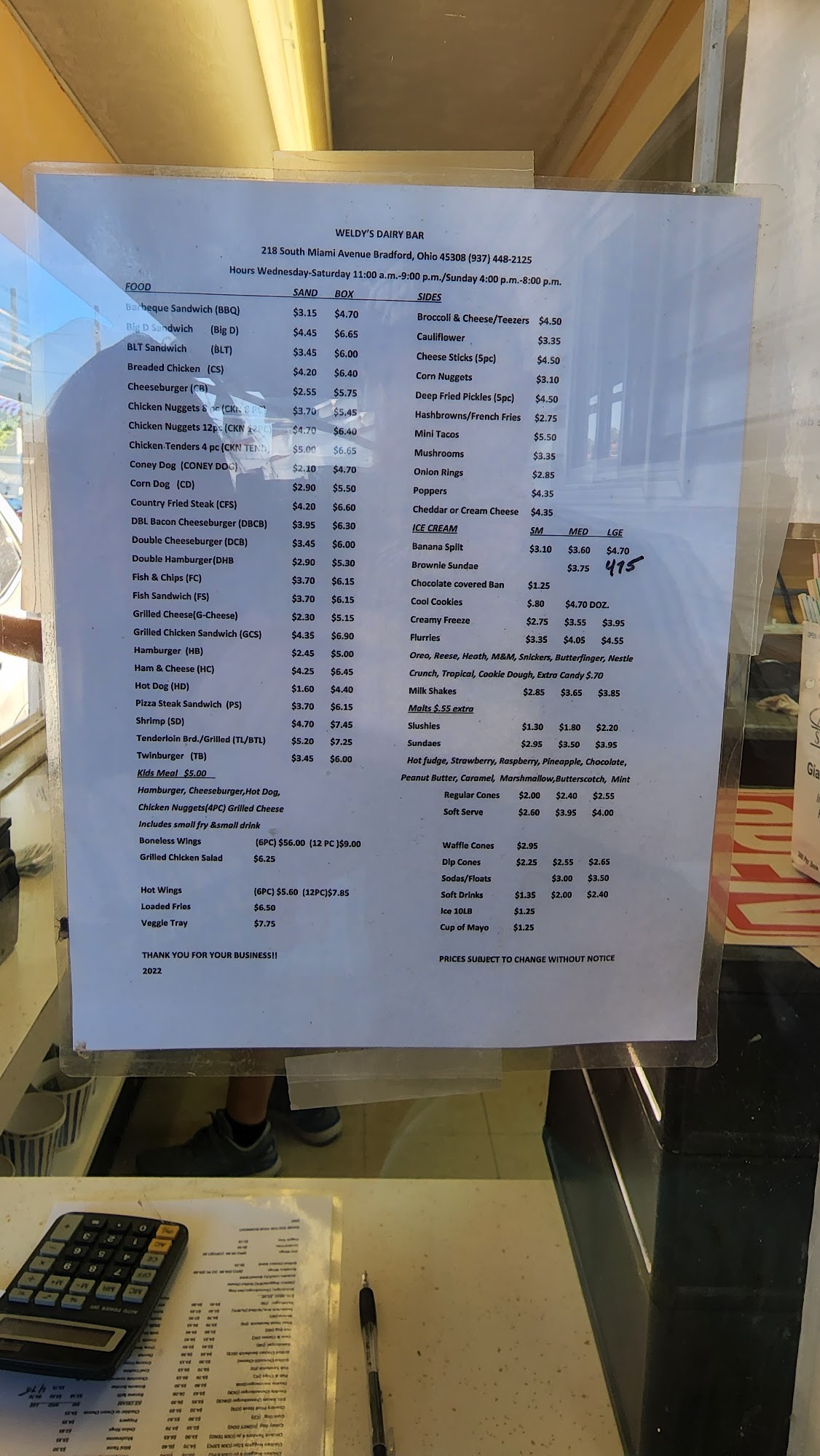 Weldy's Dairy Bar Menu