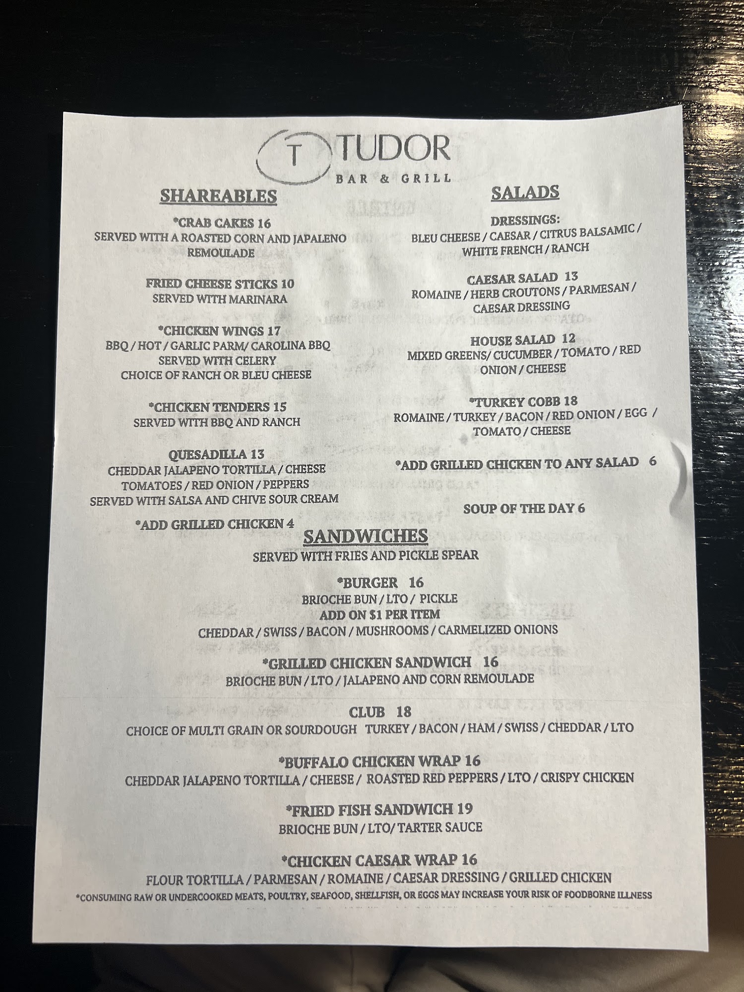 Tudor Arms Bar and Grill Menu