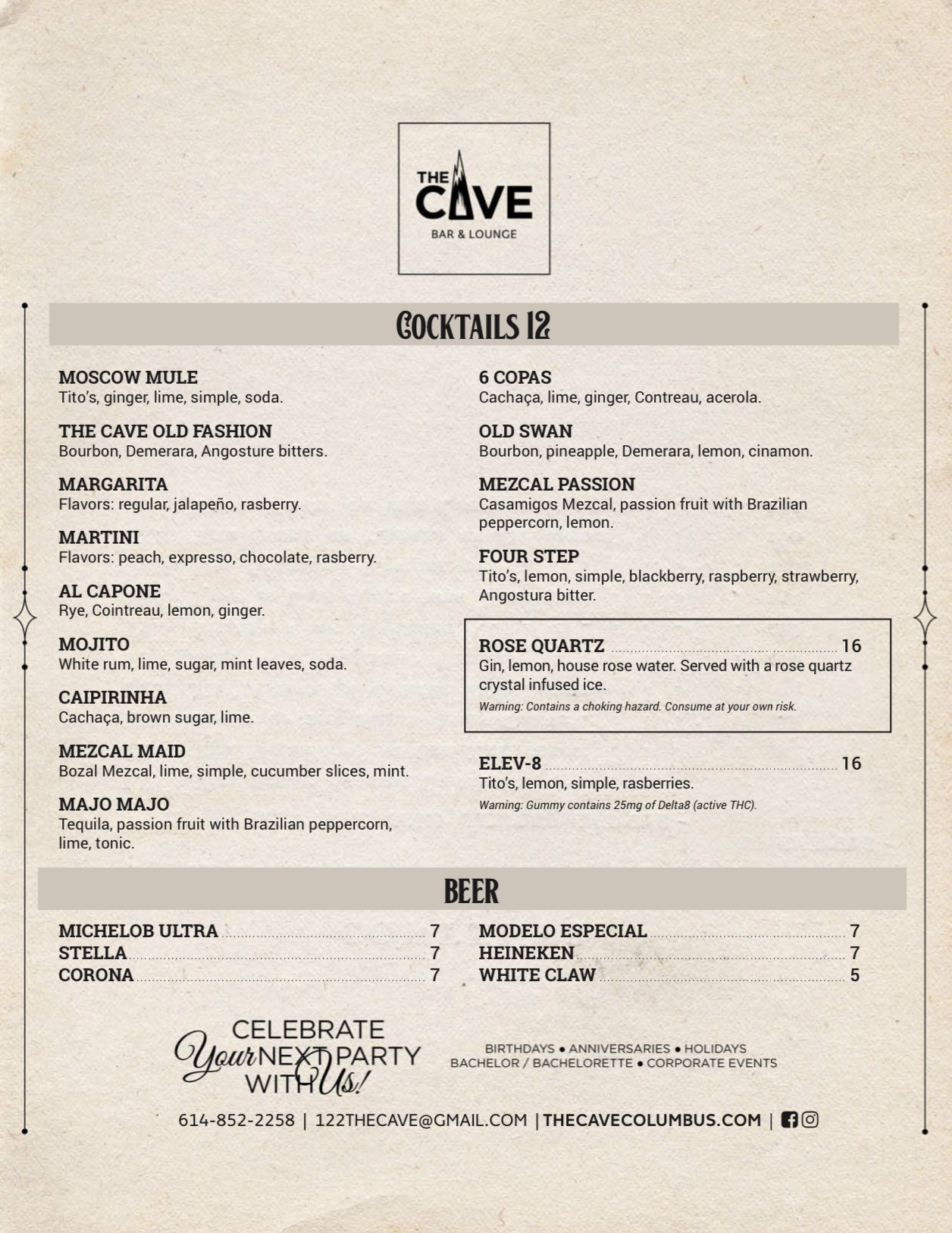 The Cave Bar and Lounge Menu