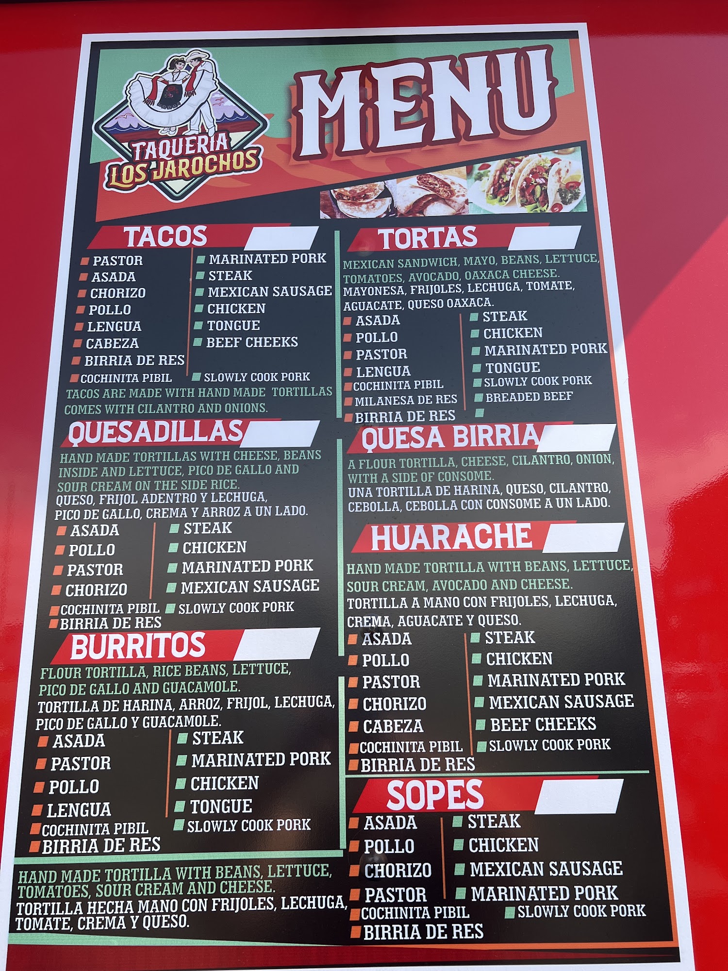 Taqueria los jarochos Menu