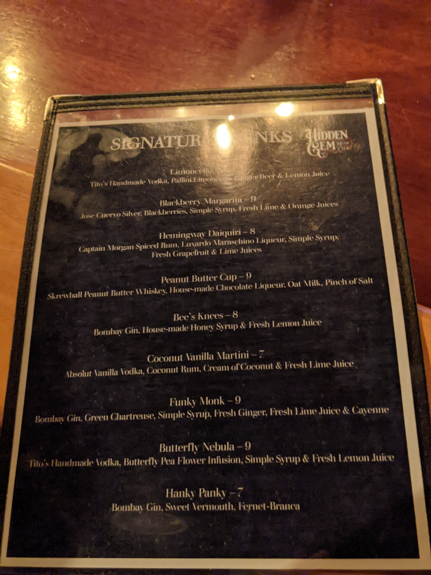 The Hidden Gem Music Club Menu
