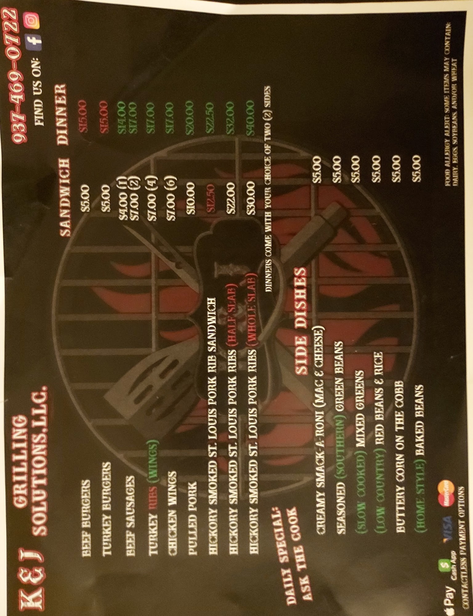 K&J Grilling Solutions food trailer Menu