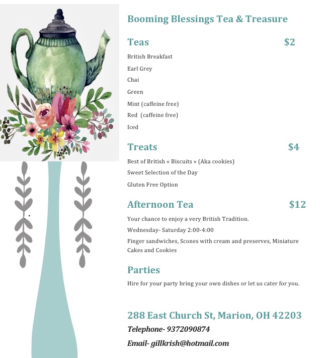 Booming Blessings Tea and Treasure Menu