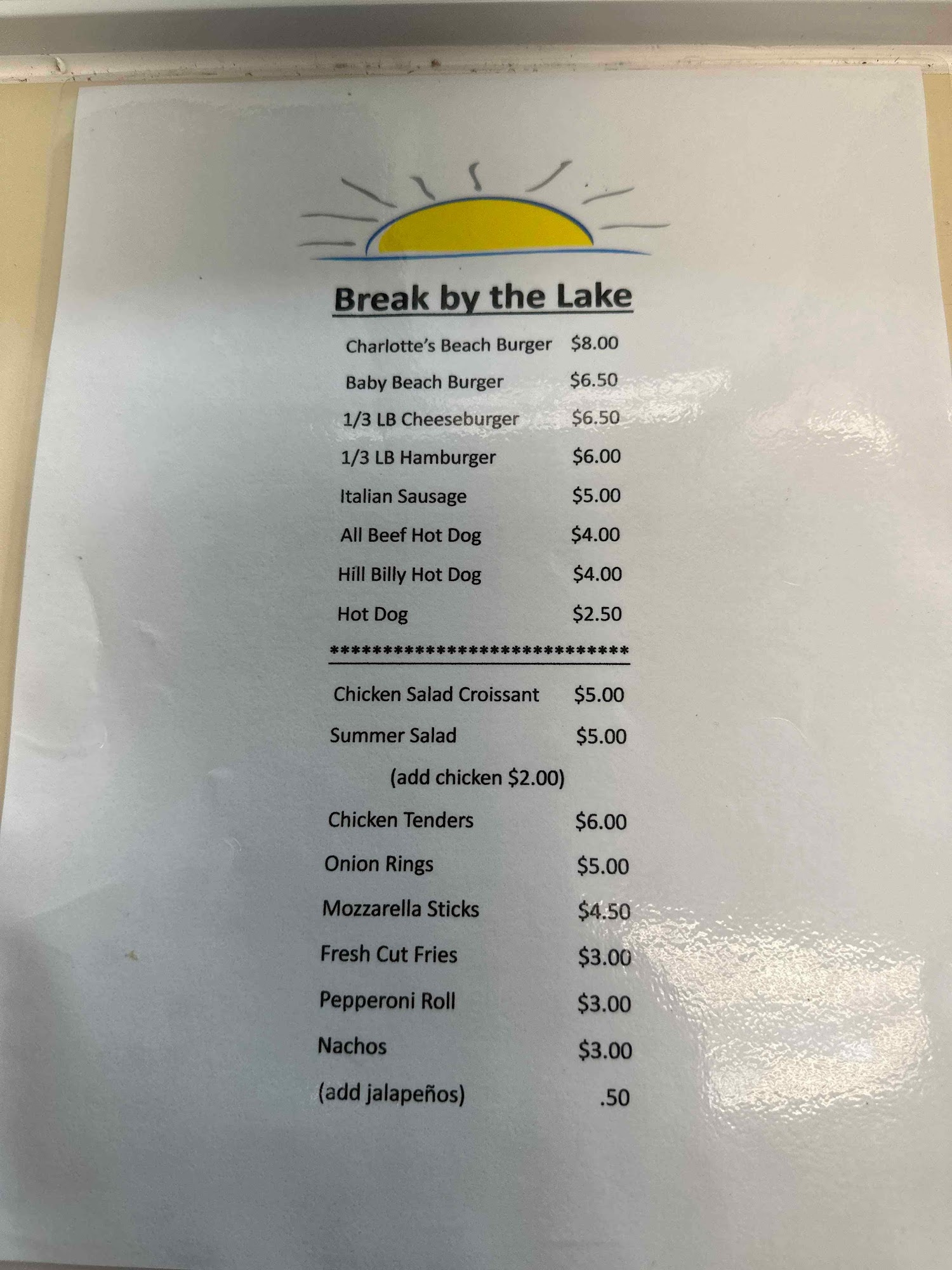 Break by the Lake Menu