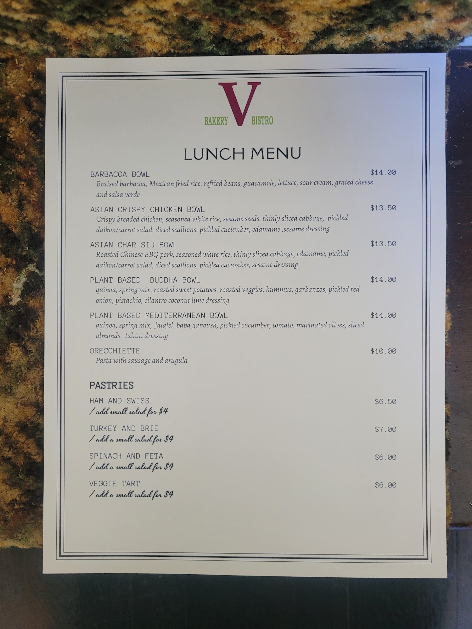V Bakery & Bistro Menu