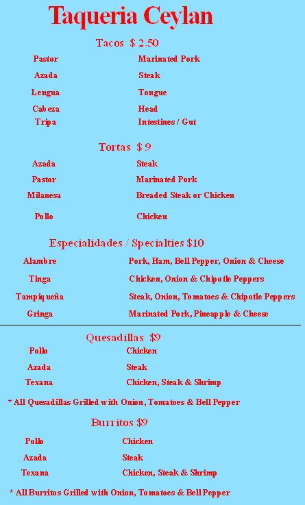 Taqueria Ceylan Menu