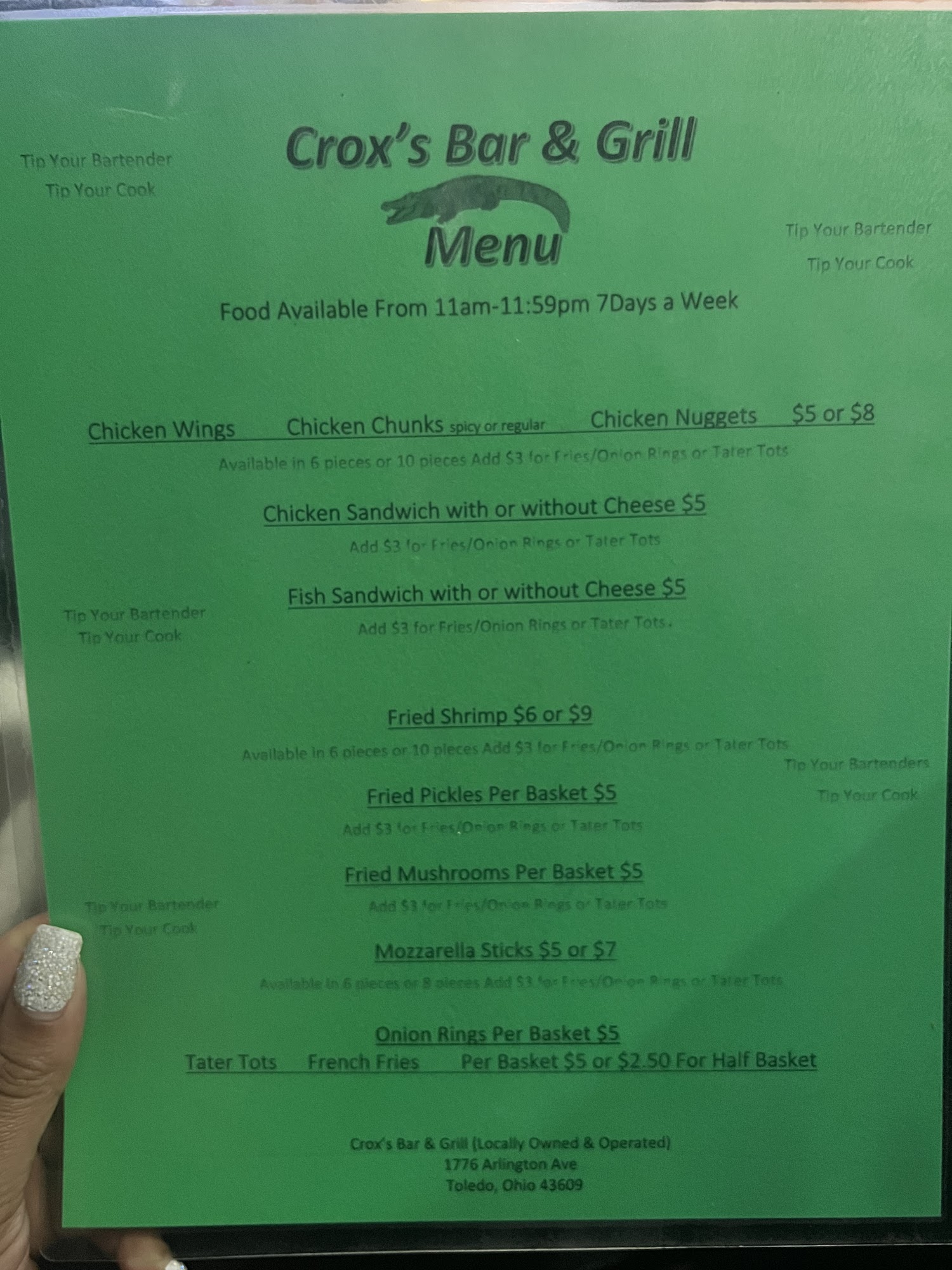 Crox’s Bar & Grill Menu