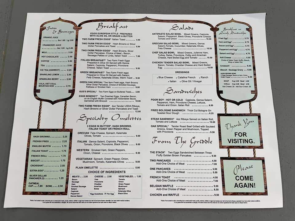Green Oak Diner Menu