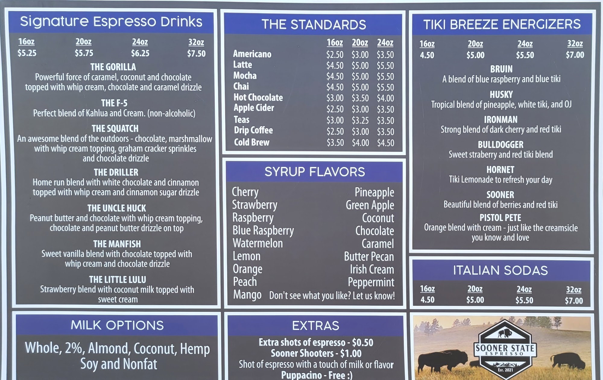 Sooner State Espresso Menu