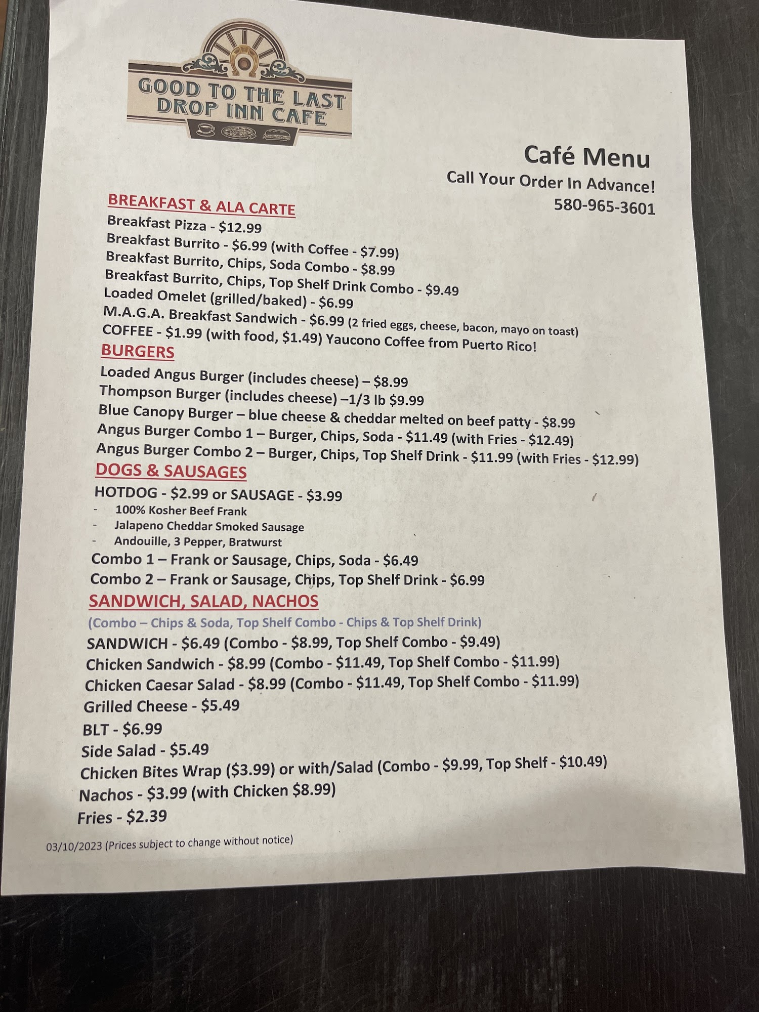 Good To The Last Drop Inn Cafe Menu
