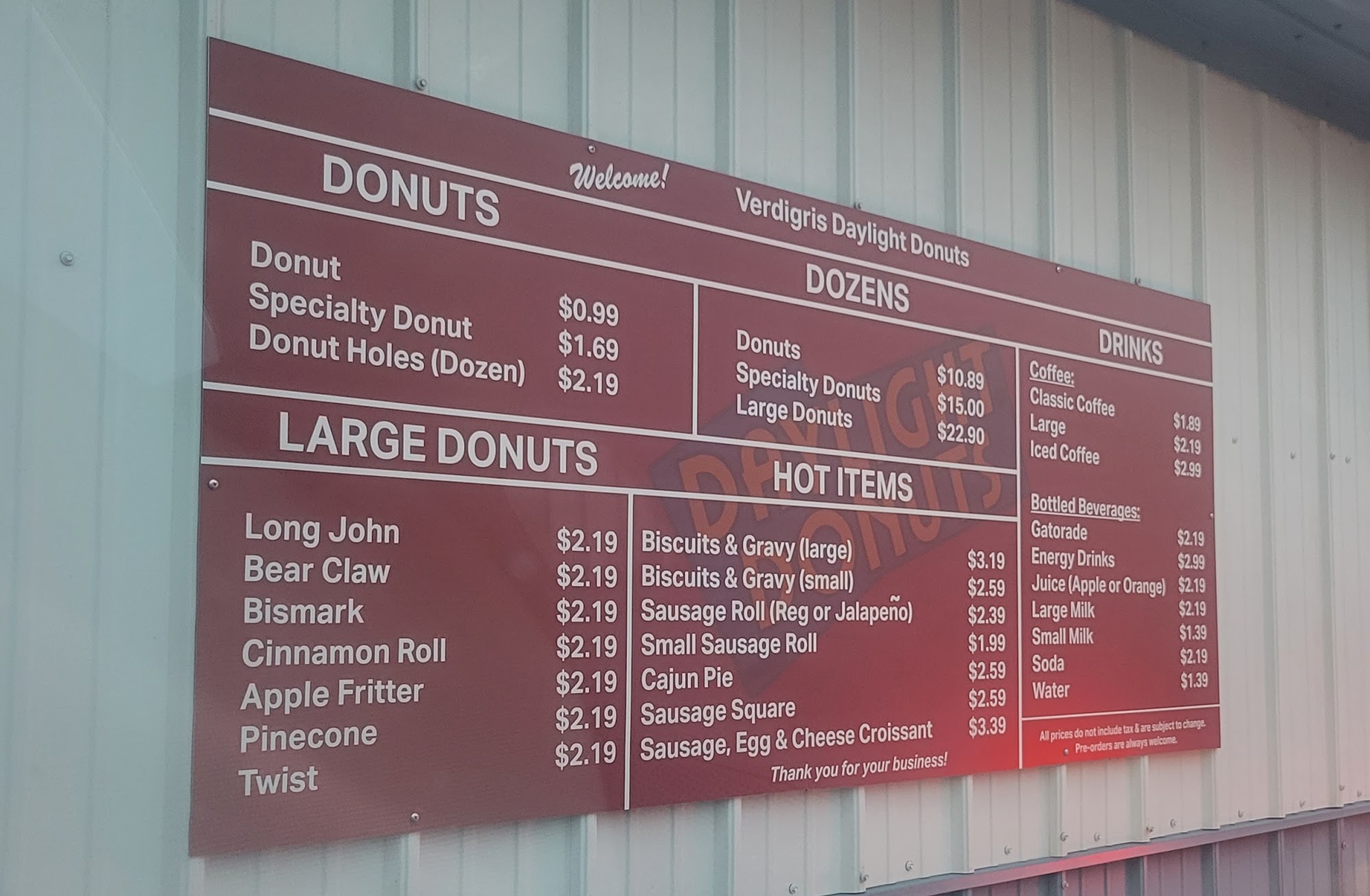 Verdigris Daylight Donuts Menu