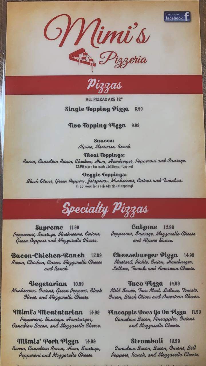 Mimi's Pizzeria Menu