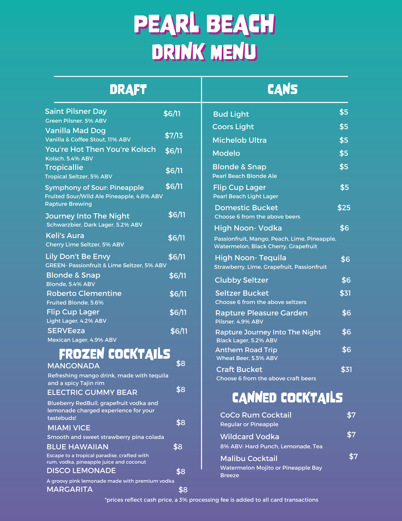 Pearl Beach Brew Pub - Hefner Menu