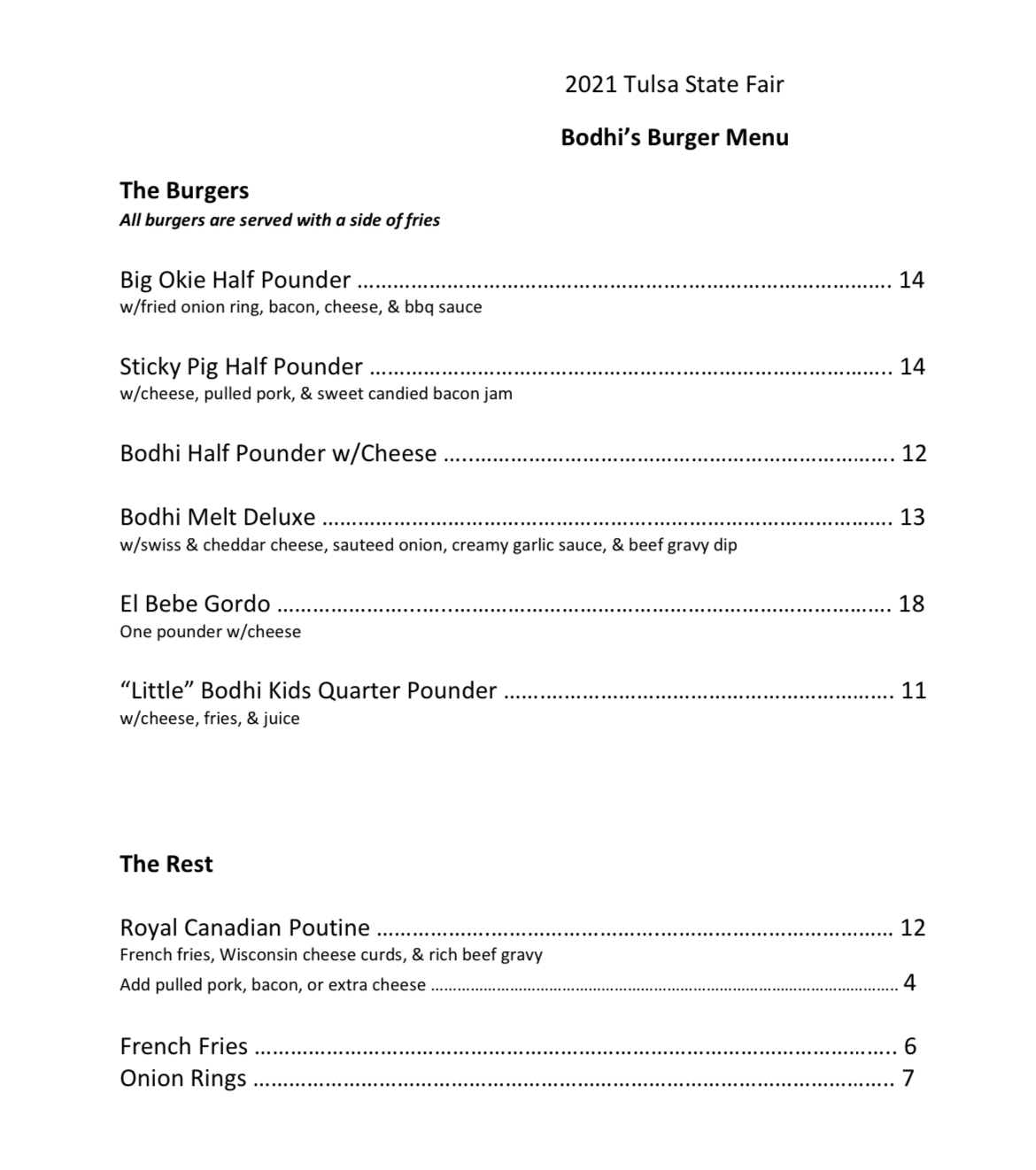 Bodhi’s Burger Menu