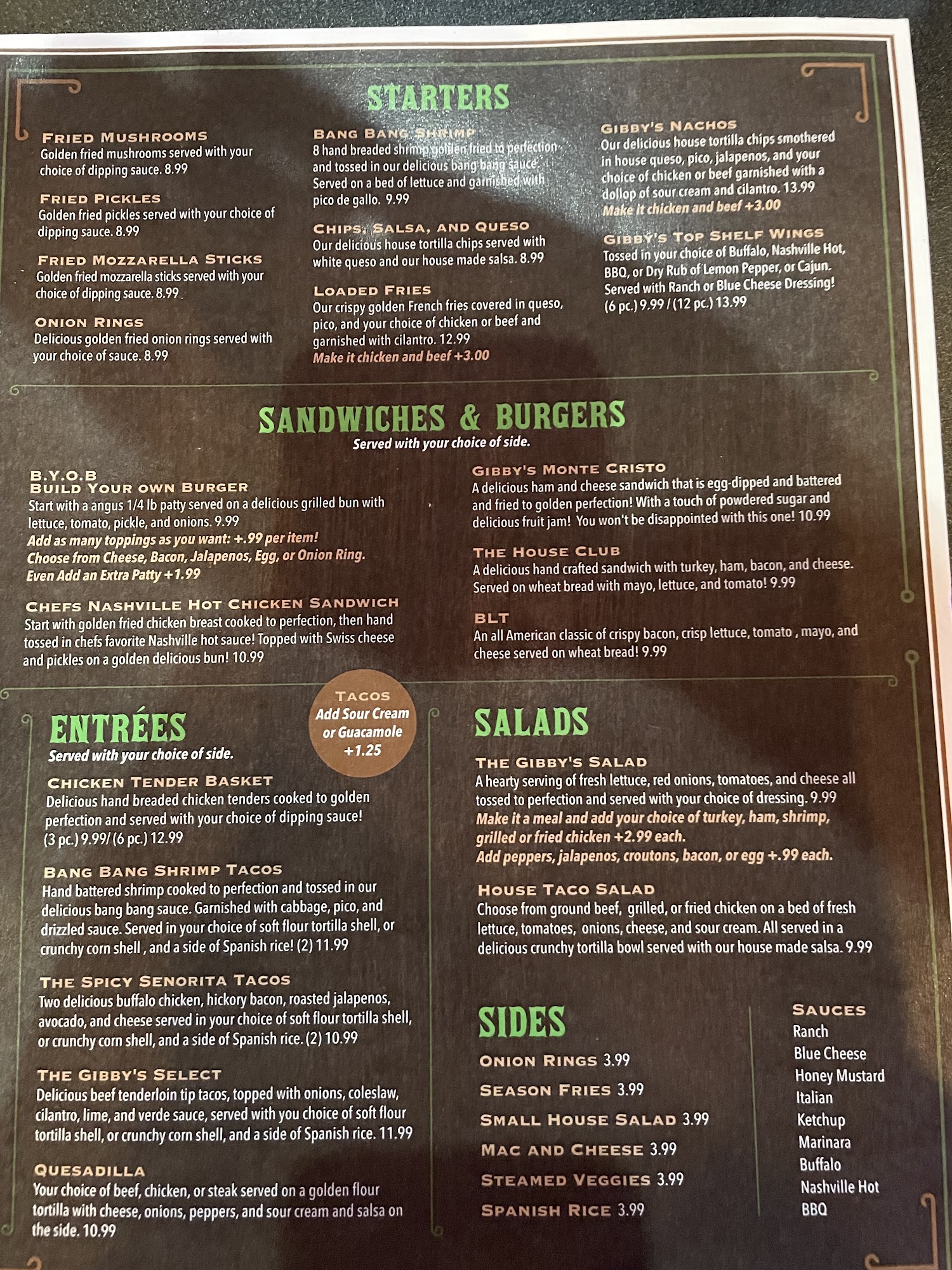Gibby's Bar & Grill Menu