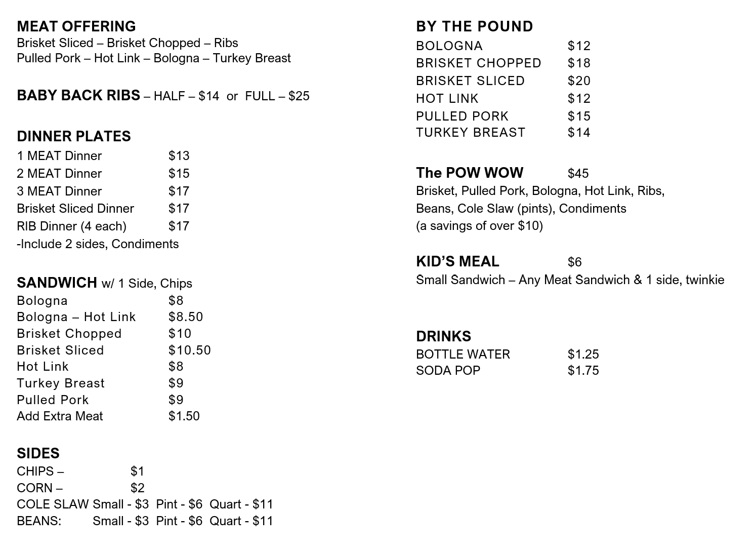 2 Chiefs BBQ Menu