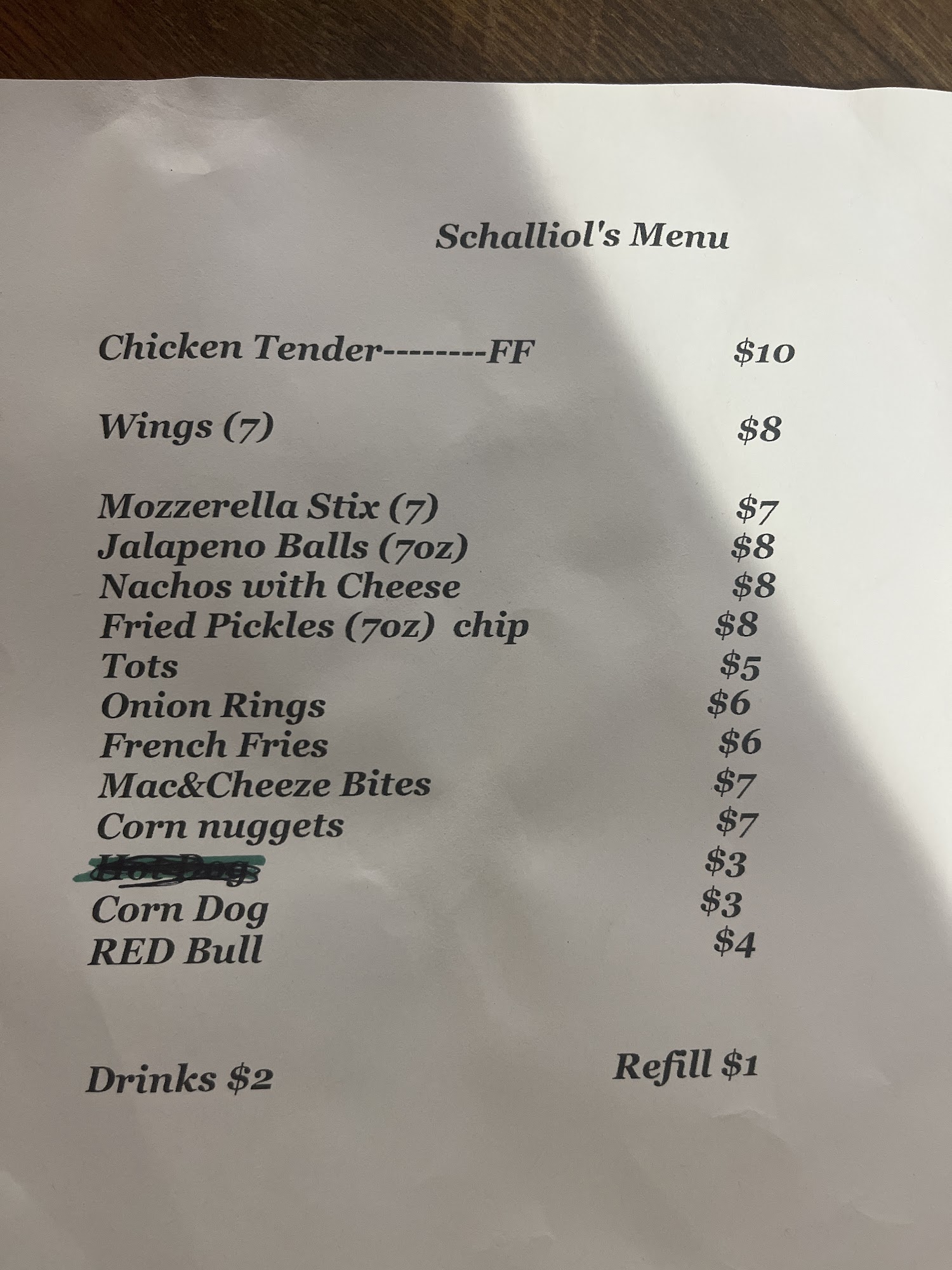 schalliol's Bar and bowling Menu