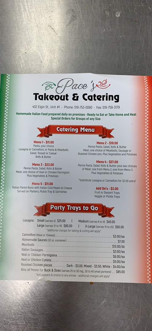 Pace's Take Out & Catering Menu