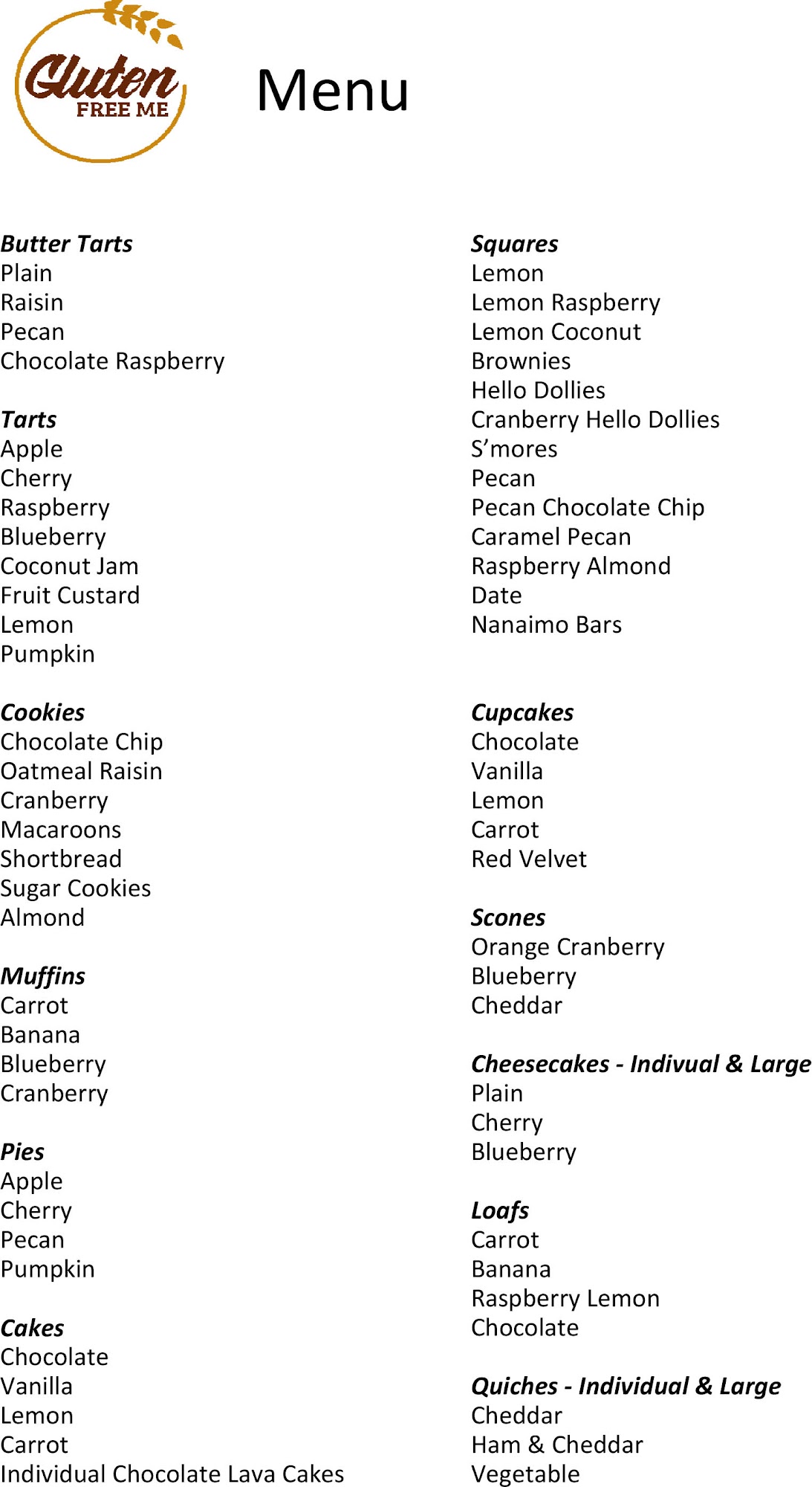 Gluten Free Me Menu