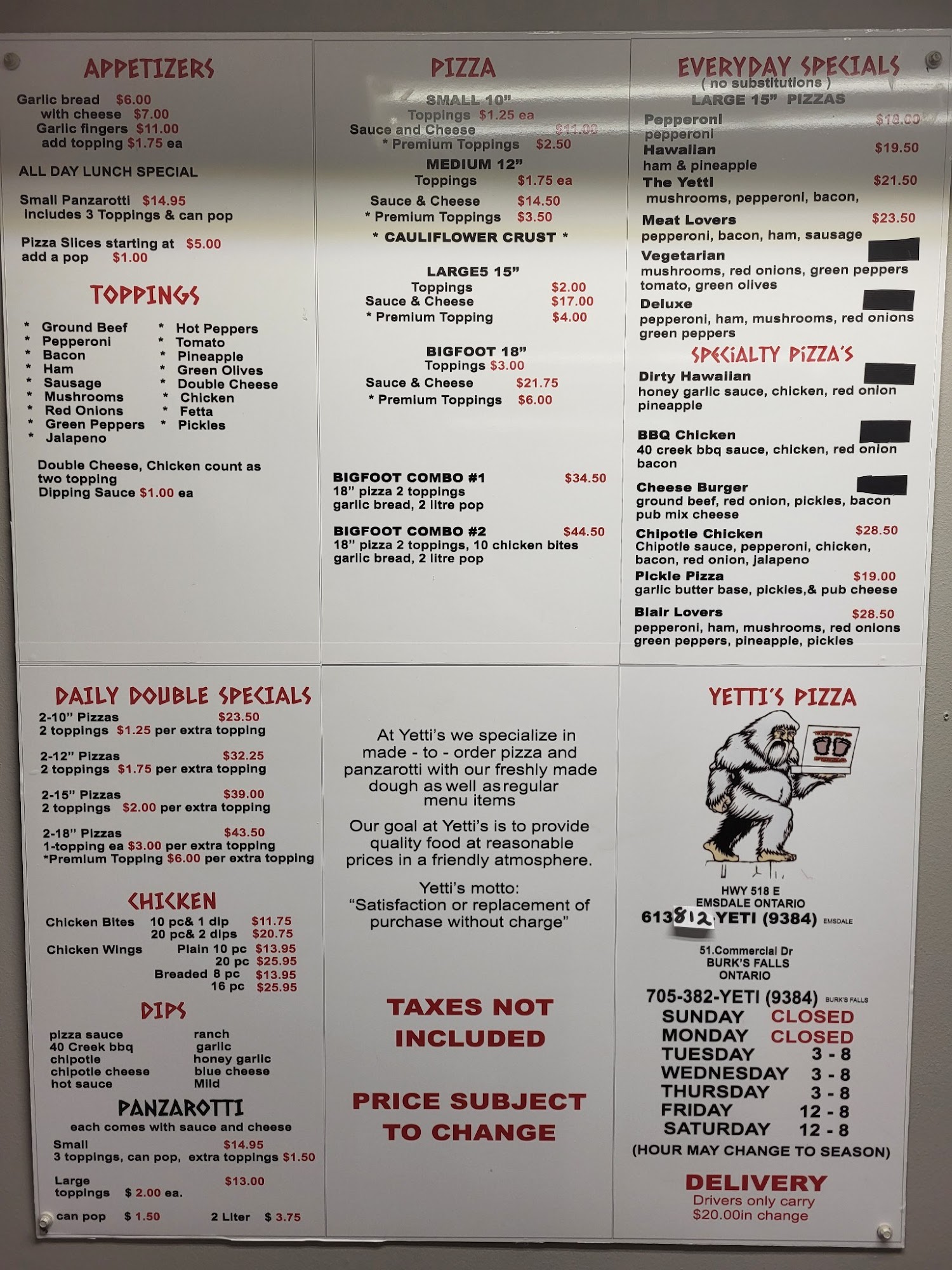 Yetti's Pizza inc. Emsdale Menu