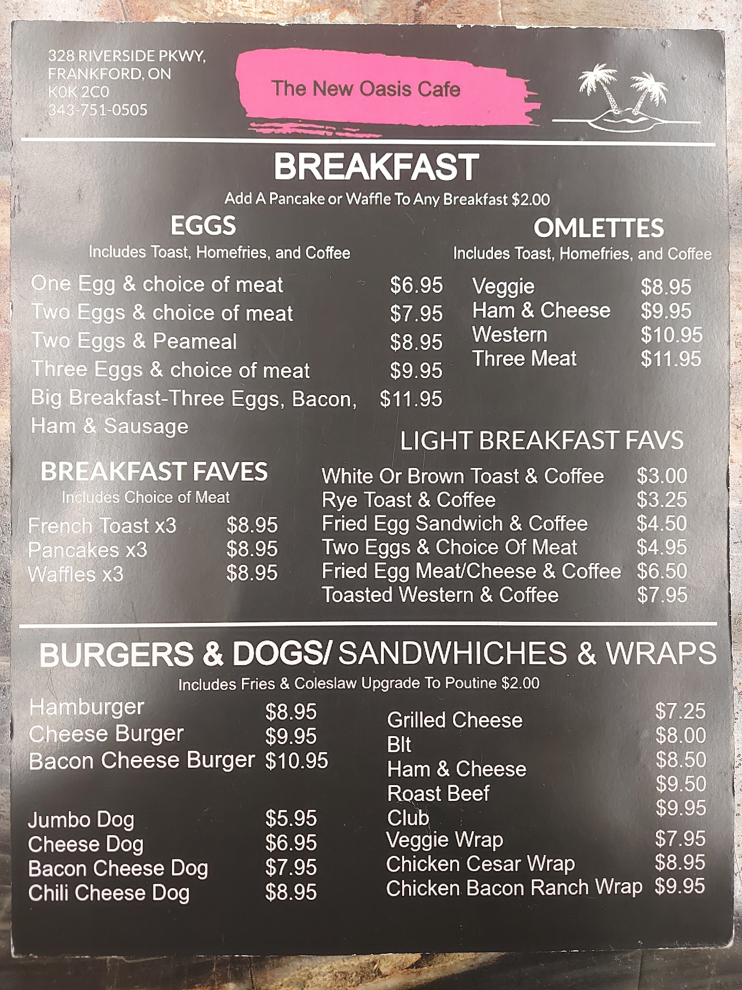 The New Oasis Cafe Menu