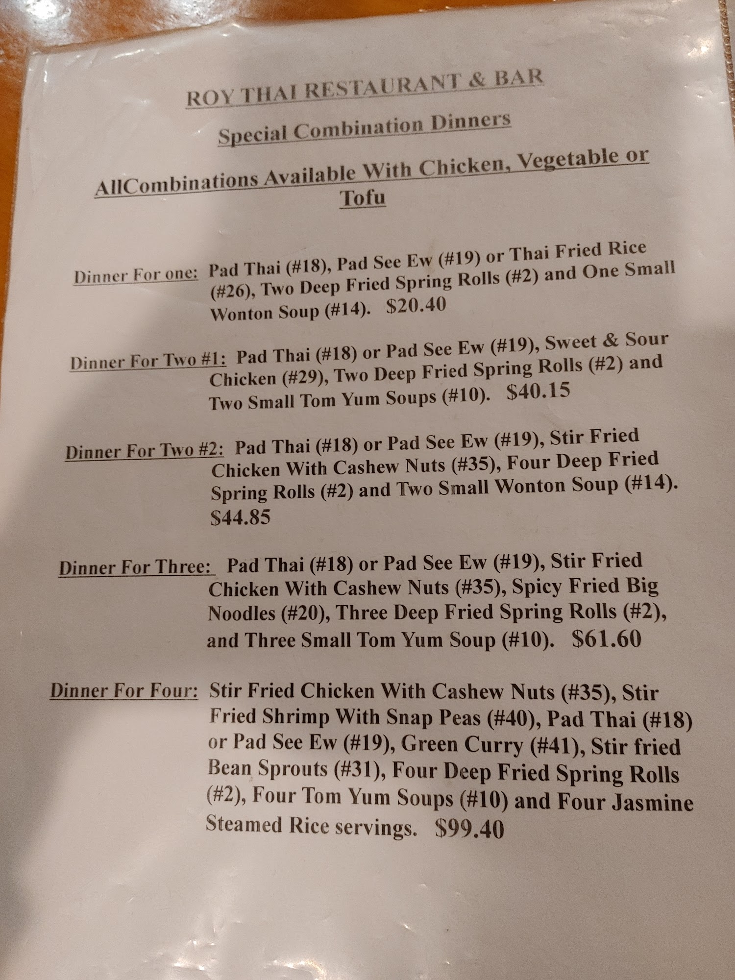 Roy Thai Restaurant & Bar Menu