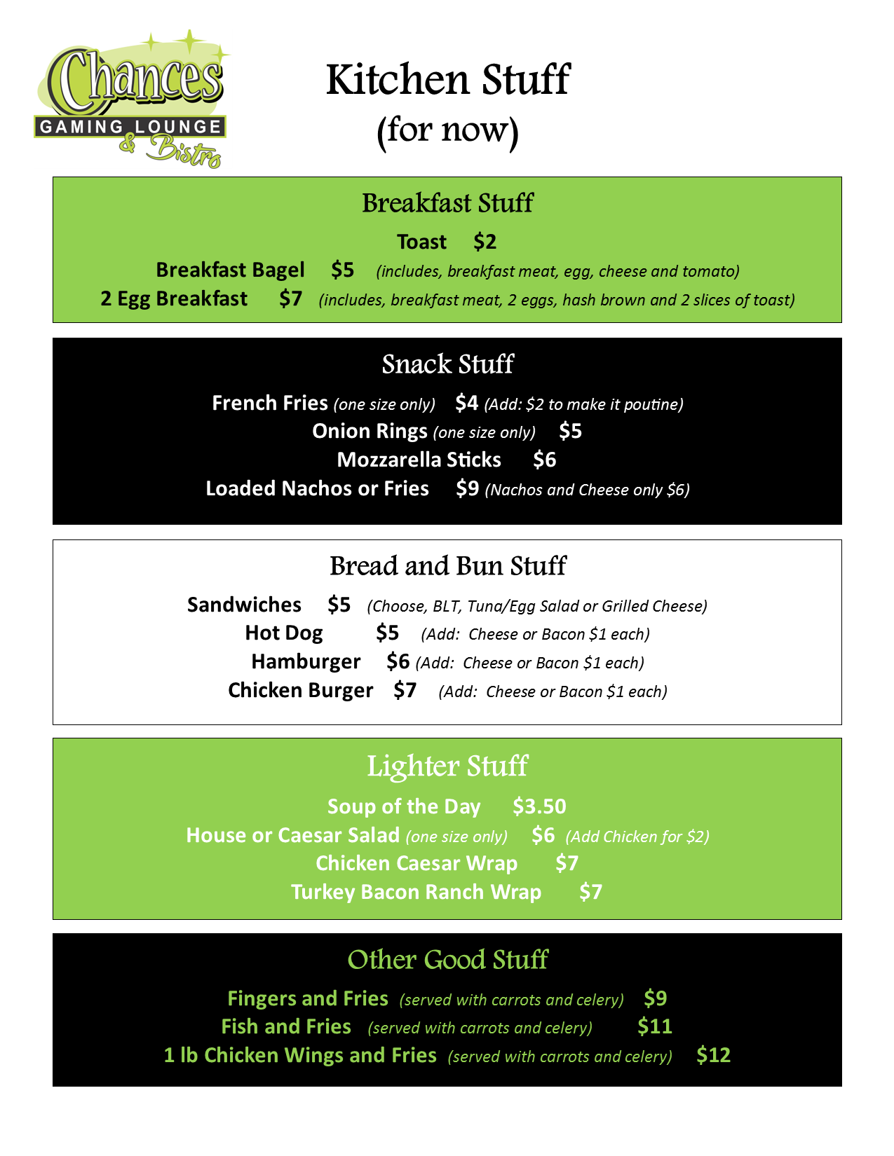 Chances Gaming Lounge Menu