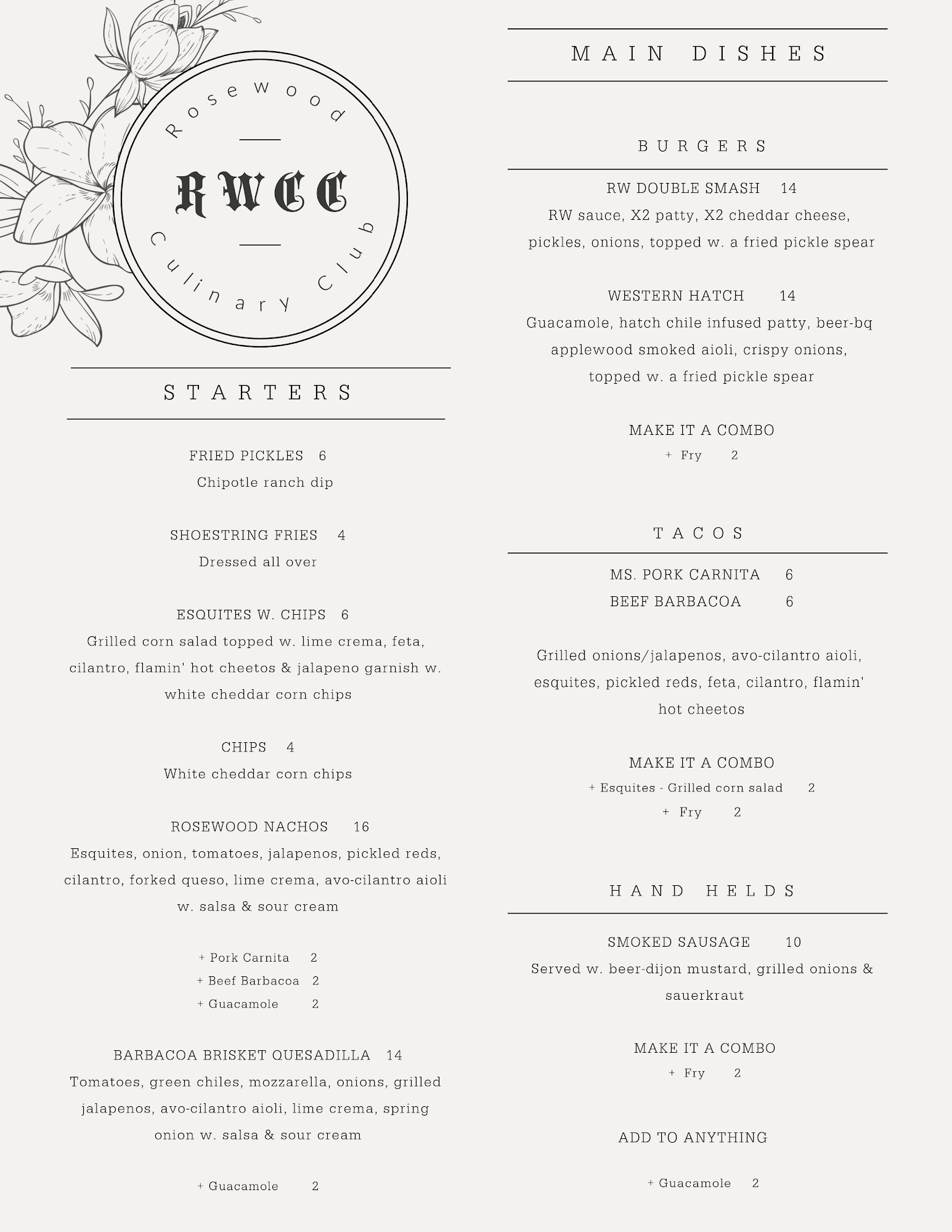 Rosewood Culinary Club Menu