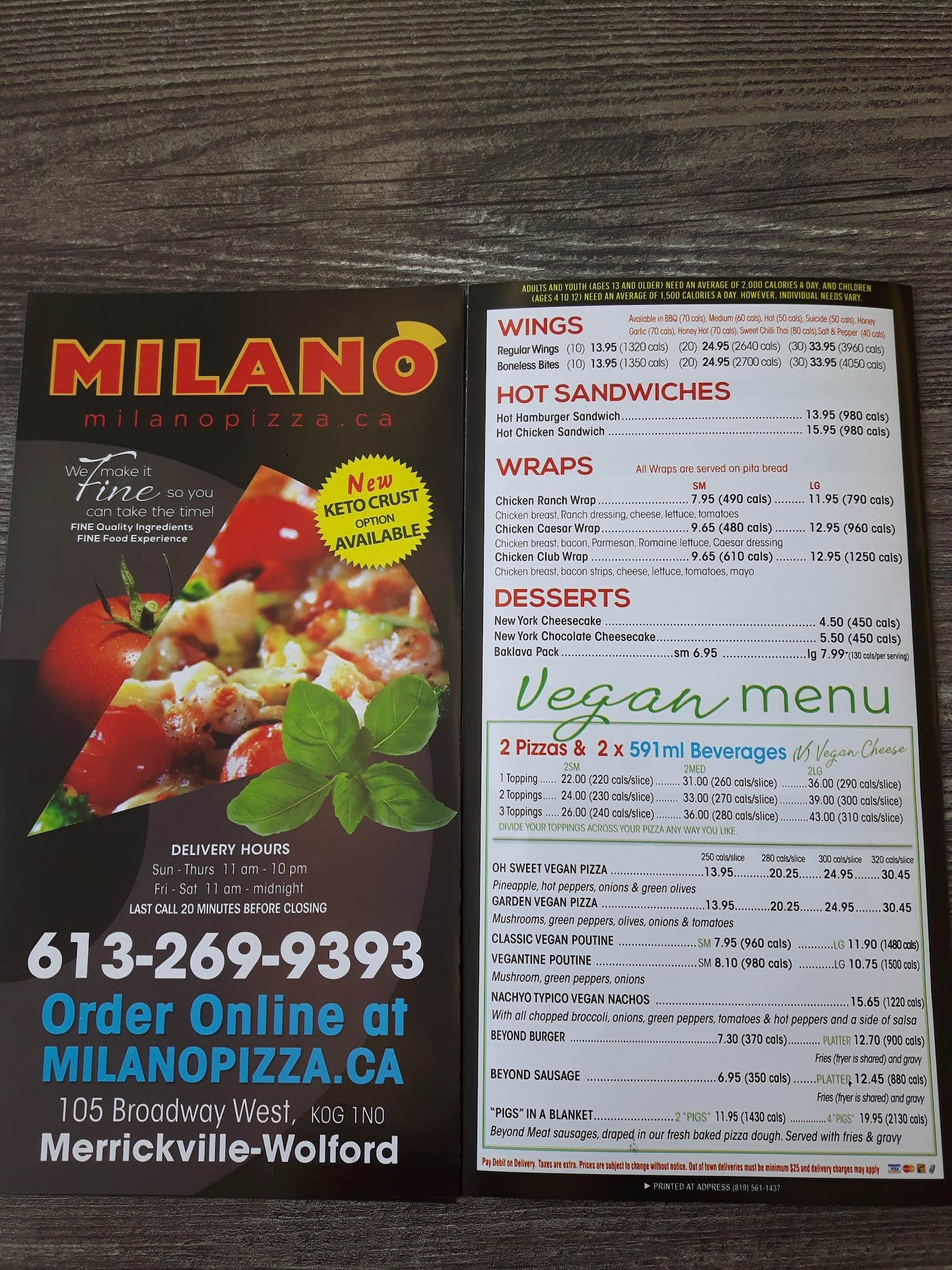 Milano Pizzeria Menu