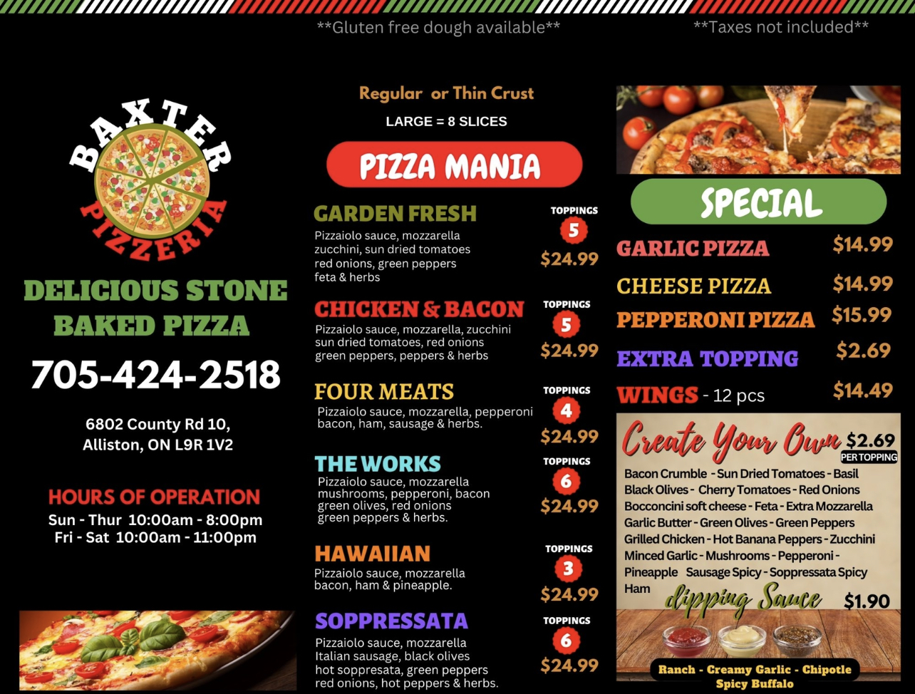 Baxter Pizzaria Menu