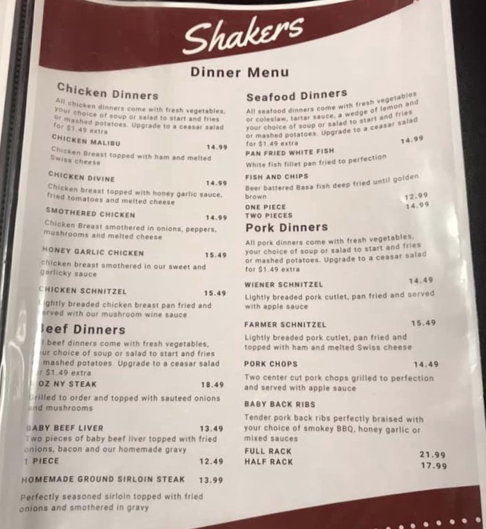Shakers Family Restaurant Menu