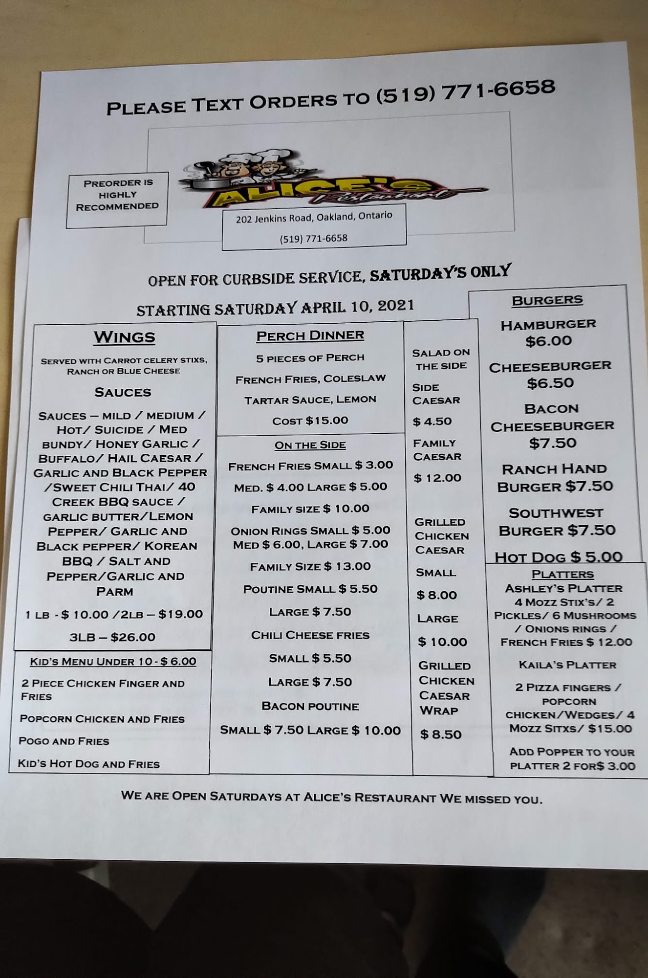 Alice's Restaurant Menu