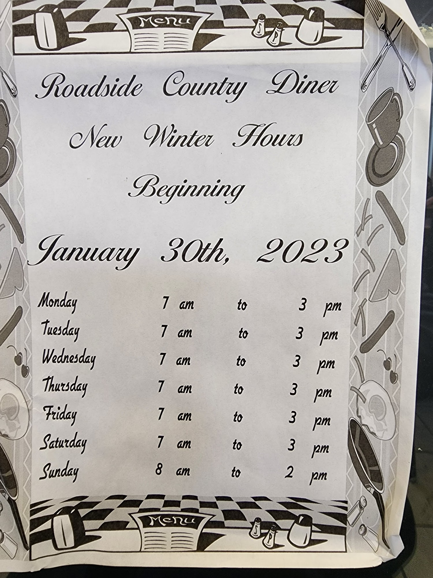 Roadside Country Diner Menu