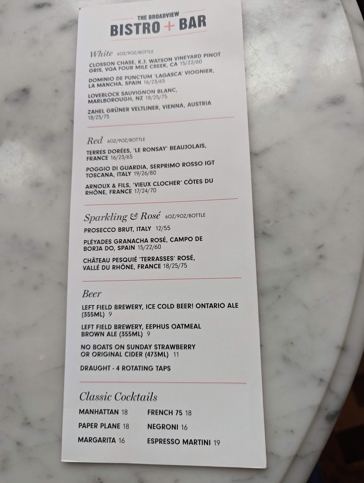 The Broadview Bistro + Bar Menu