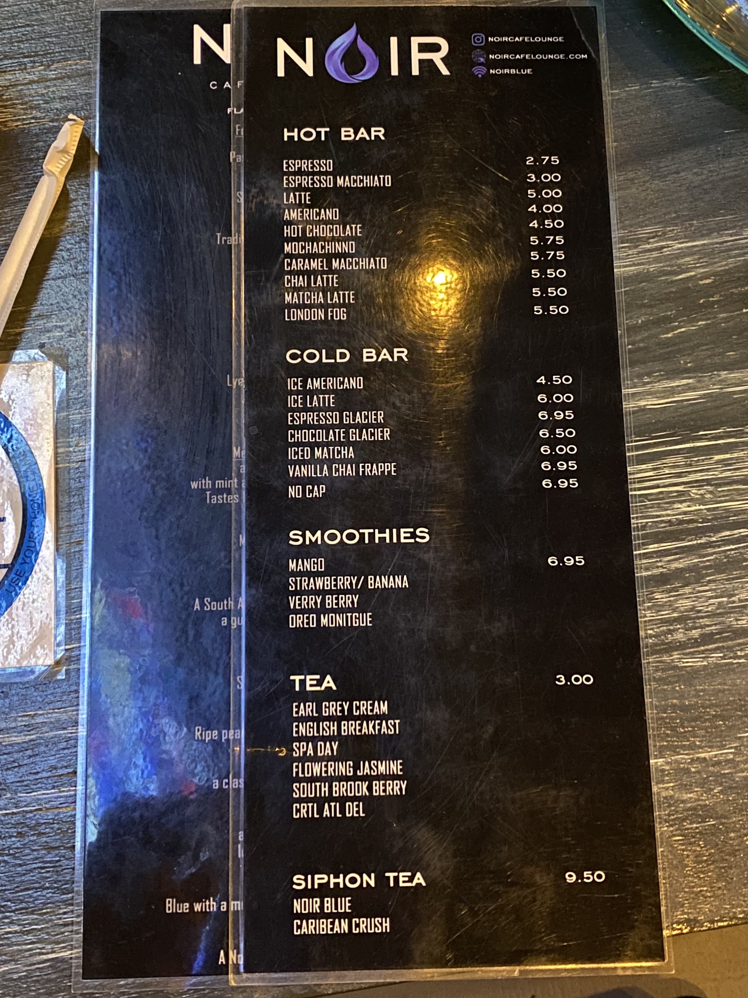 Noir Cafe and Lounge Menu