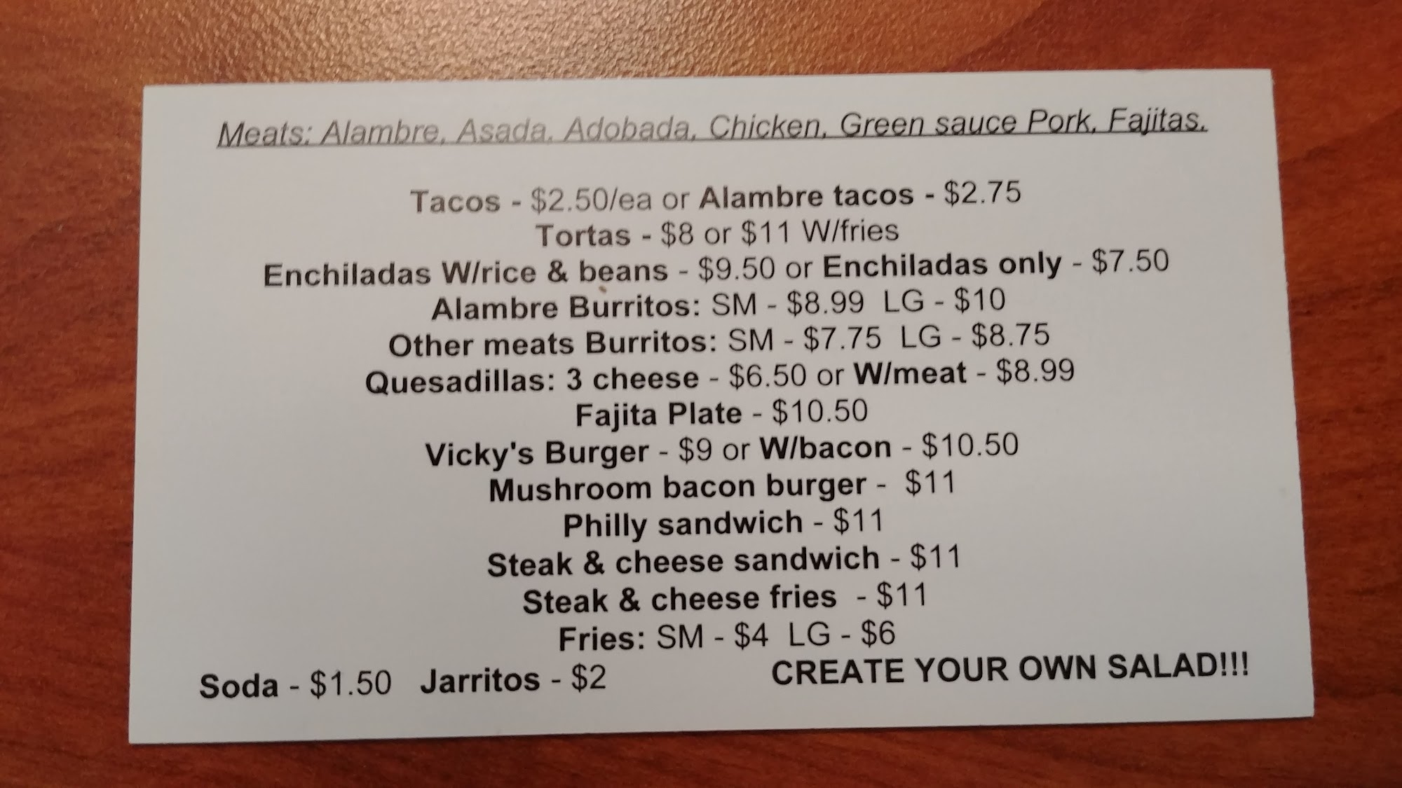 Vicky's Kitchen Menu