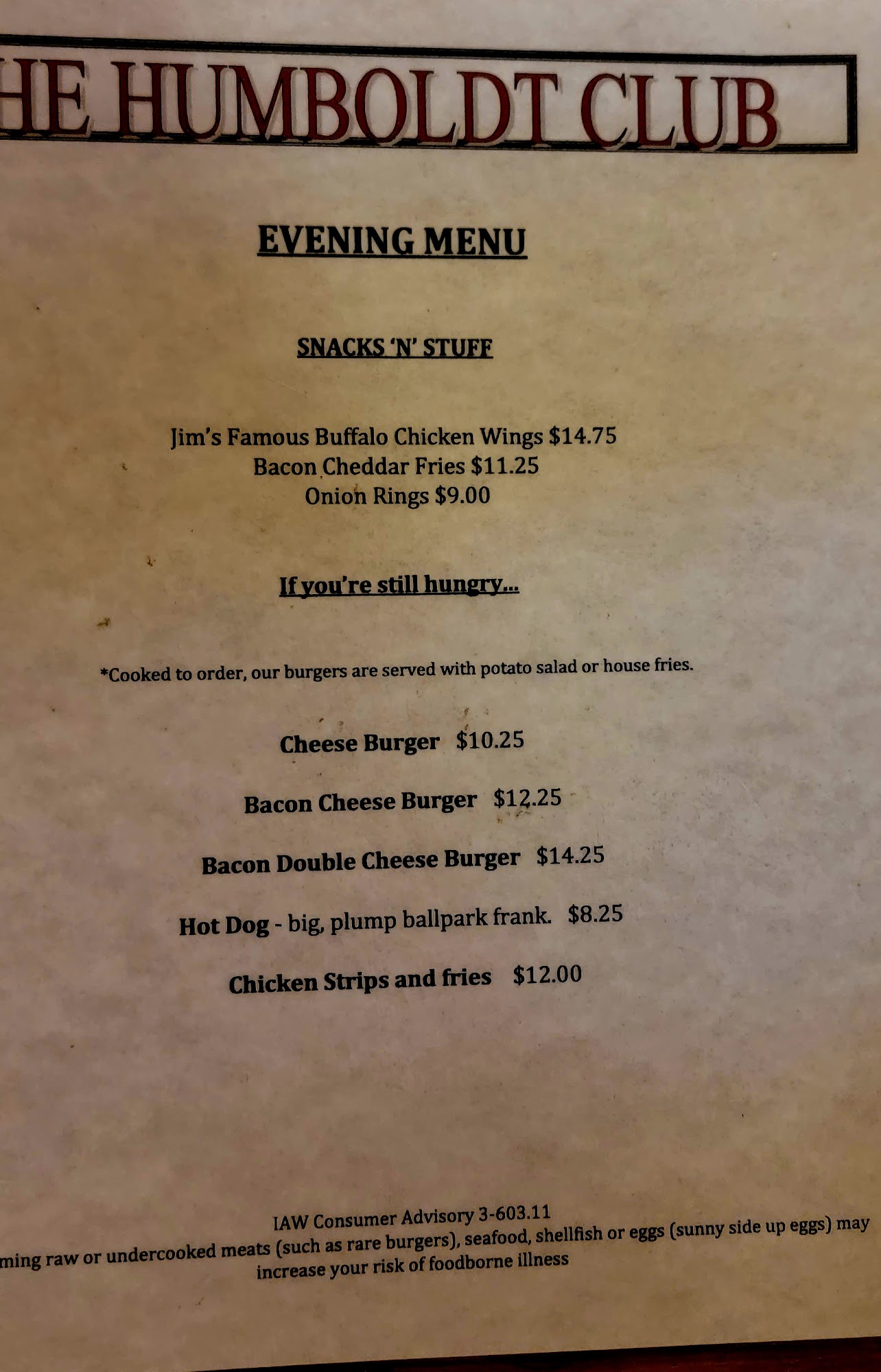 Humboldt Club LLC Menu