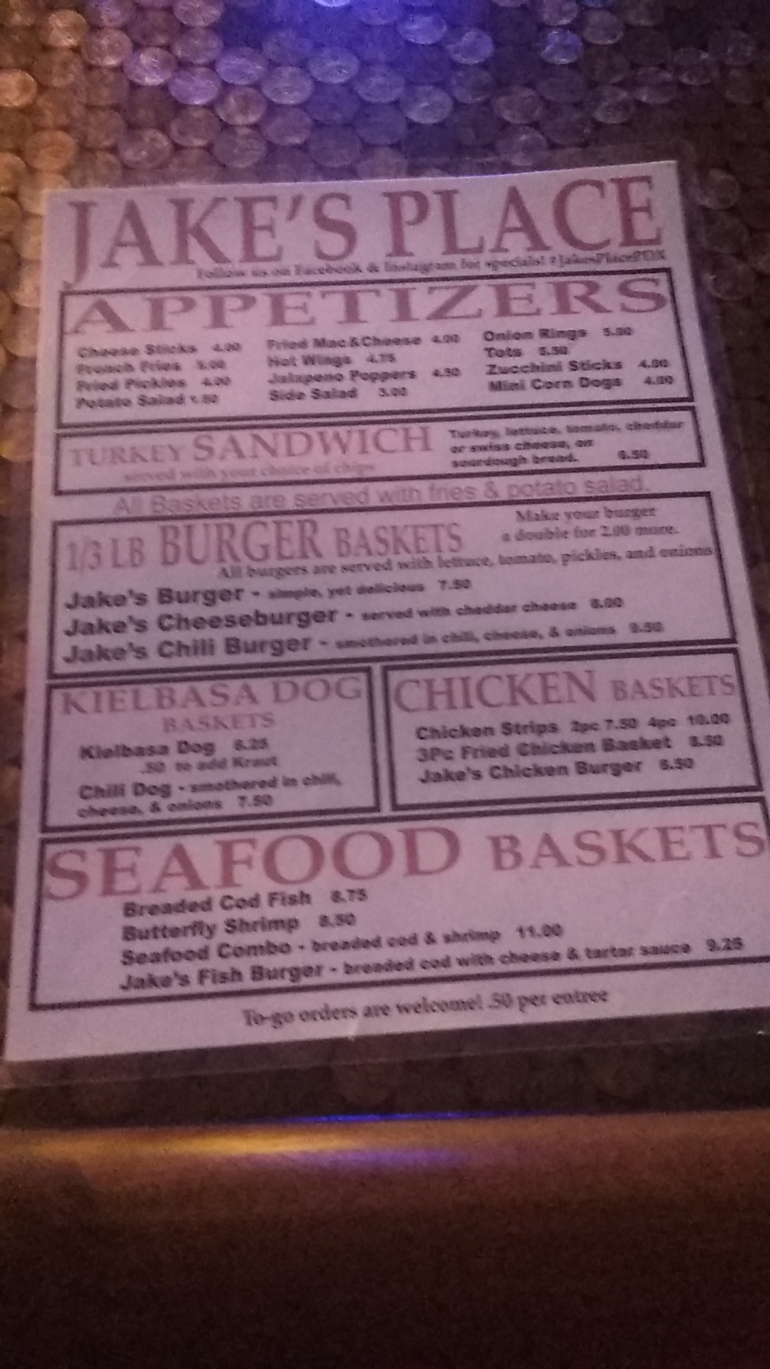 Jakes Place Menu